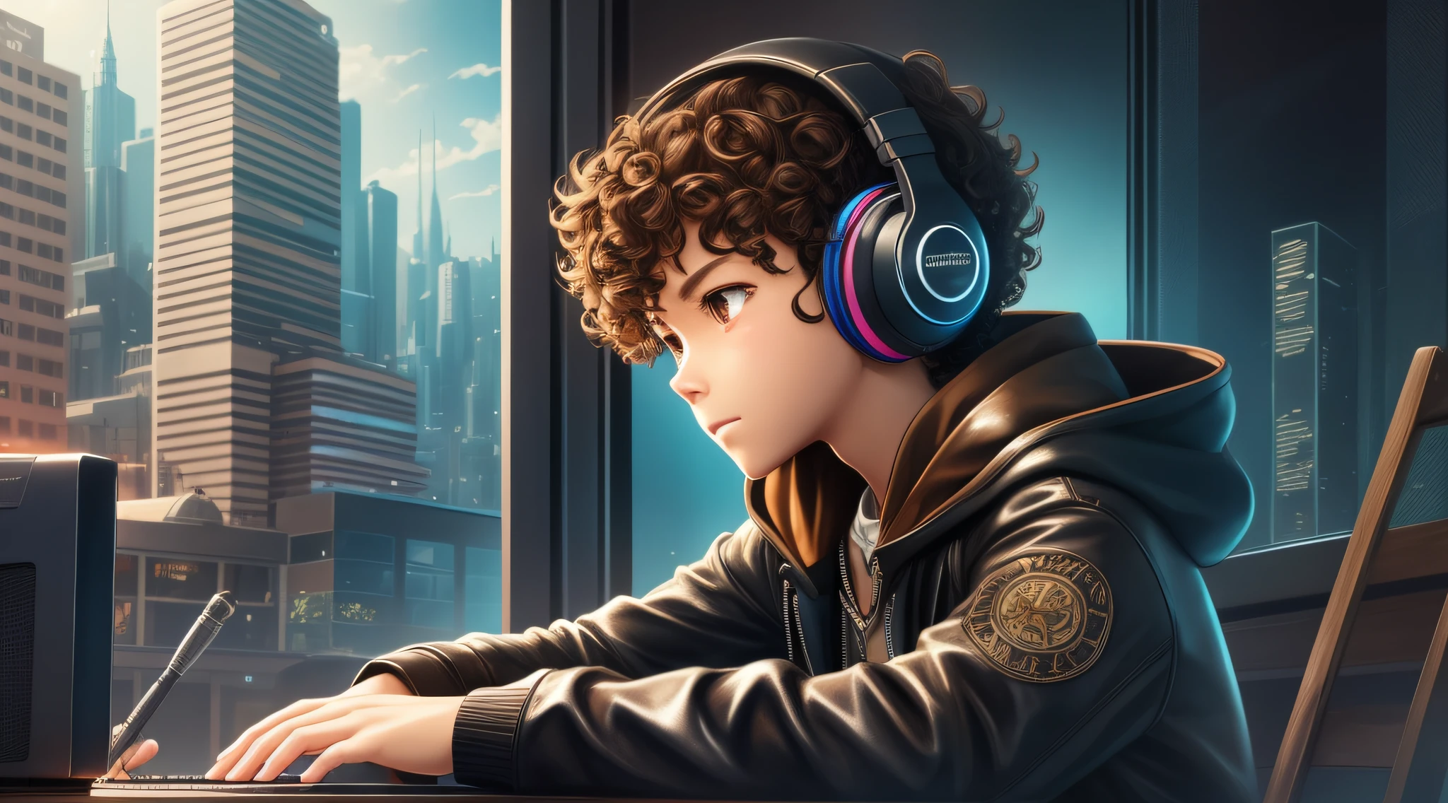masterpiece, best illustration, solo, 1 boy 11 years old,light brunette brown eyes sitting, very short curly hair, keyboard \(computer\), leather trim, computer, monitor, hood, jacket, hood down, chair, headphones, city, instrument, cyberpunk, \(\(intricate details\)\),colorful details,iridescent colors BREAK,\(\(best quality masterpiece\)\),4k,ultra detailed,detailed lighting,\(\(inspired by Hayao Miyazaki\)\), official art,promotional art,composition,