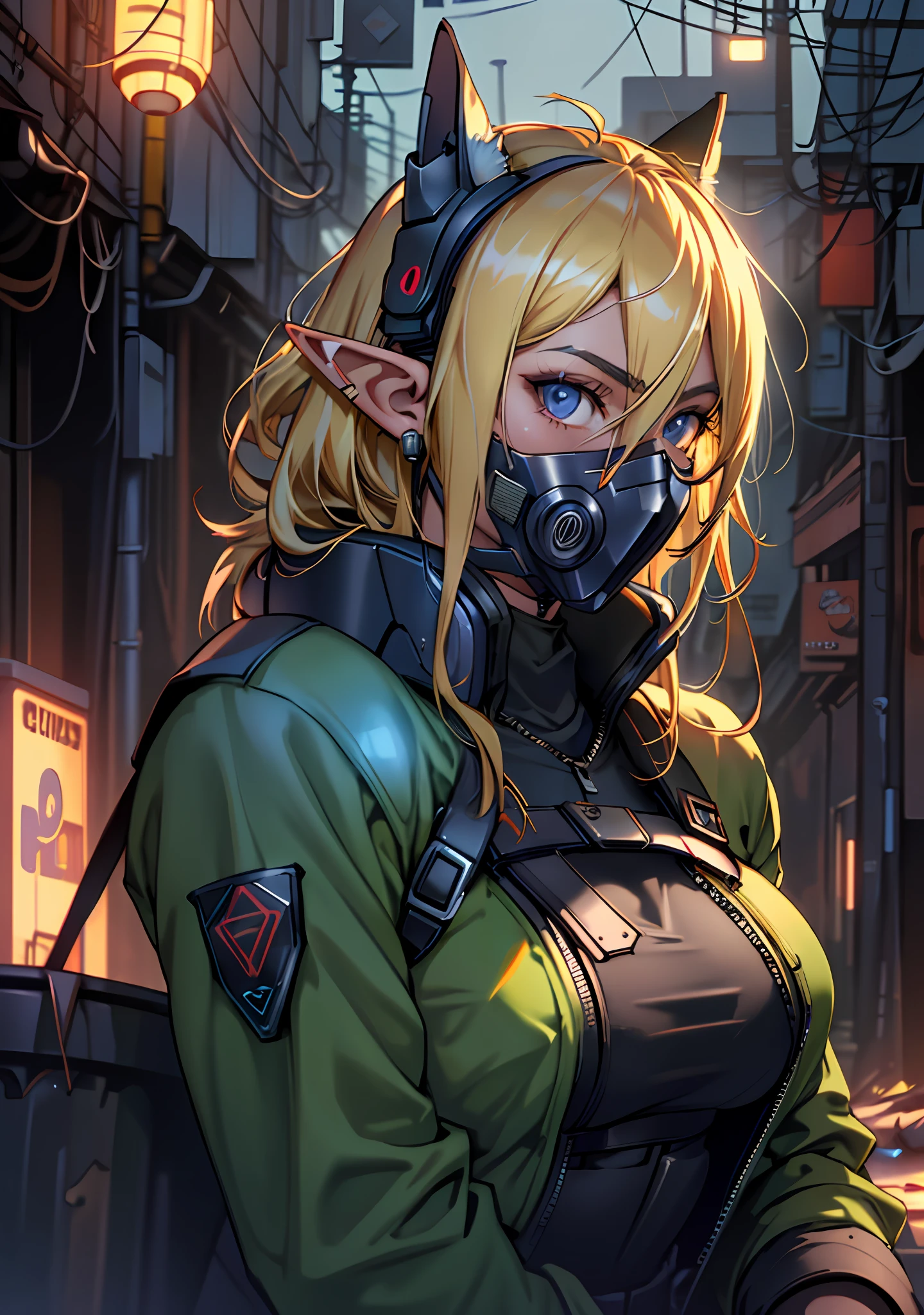 Ultra detail, high resolution, ultra detailed, best quality, amazing, top quality, extremely detailed CG 8k wallpaper unit, cinematic lighting, cyberpunk, dark boy, trash gang face mask, 1girl, blonde hair, elf ears, large breasts