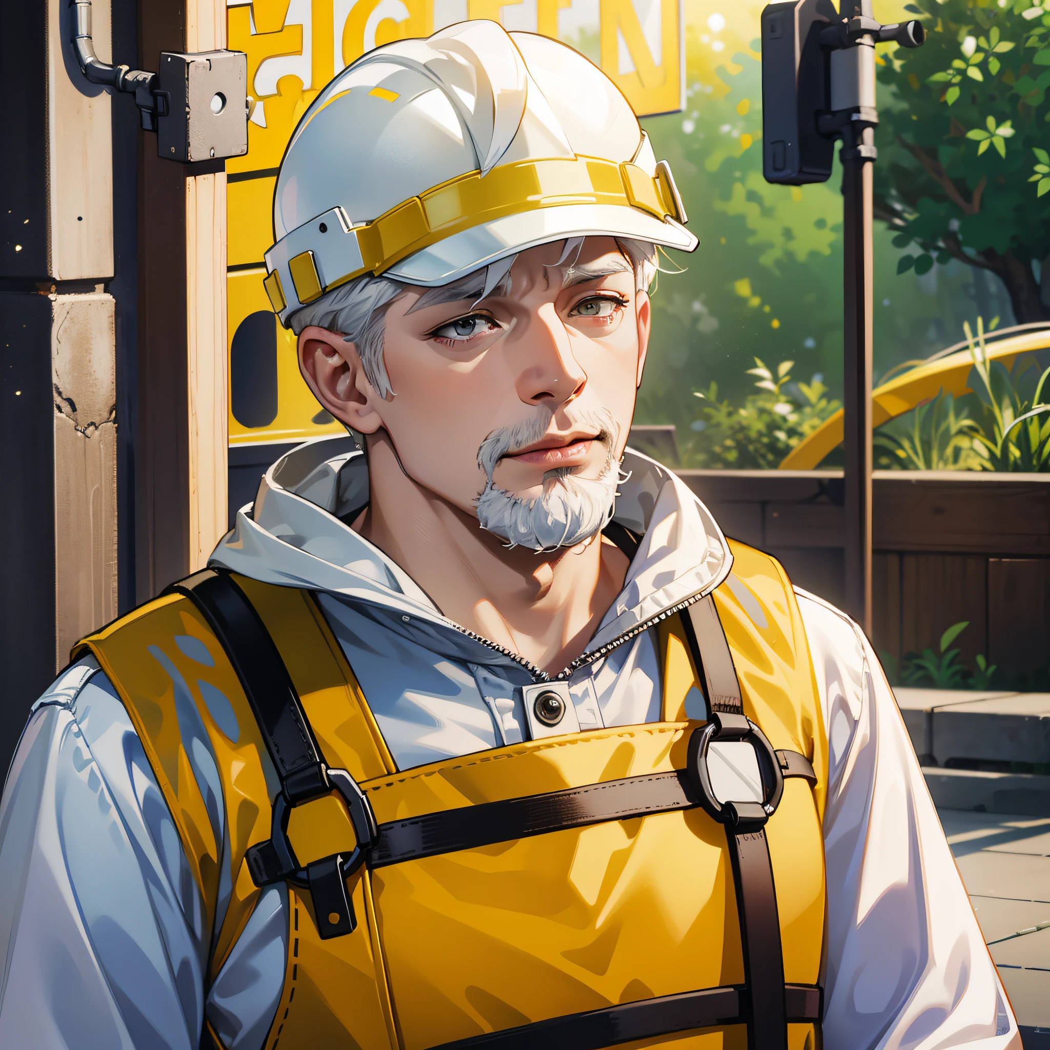 Middle-aged man, wrinkled, white hair, wearing a yellow hard hat, wearing a yellow vest, bust