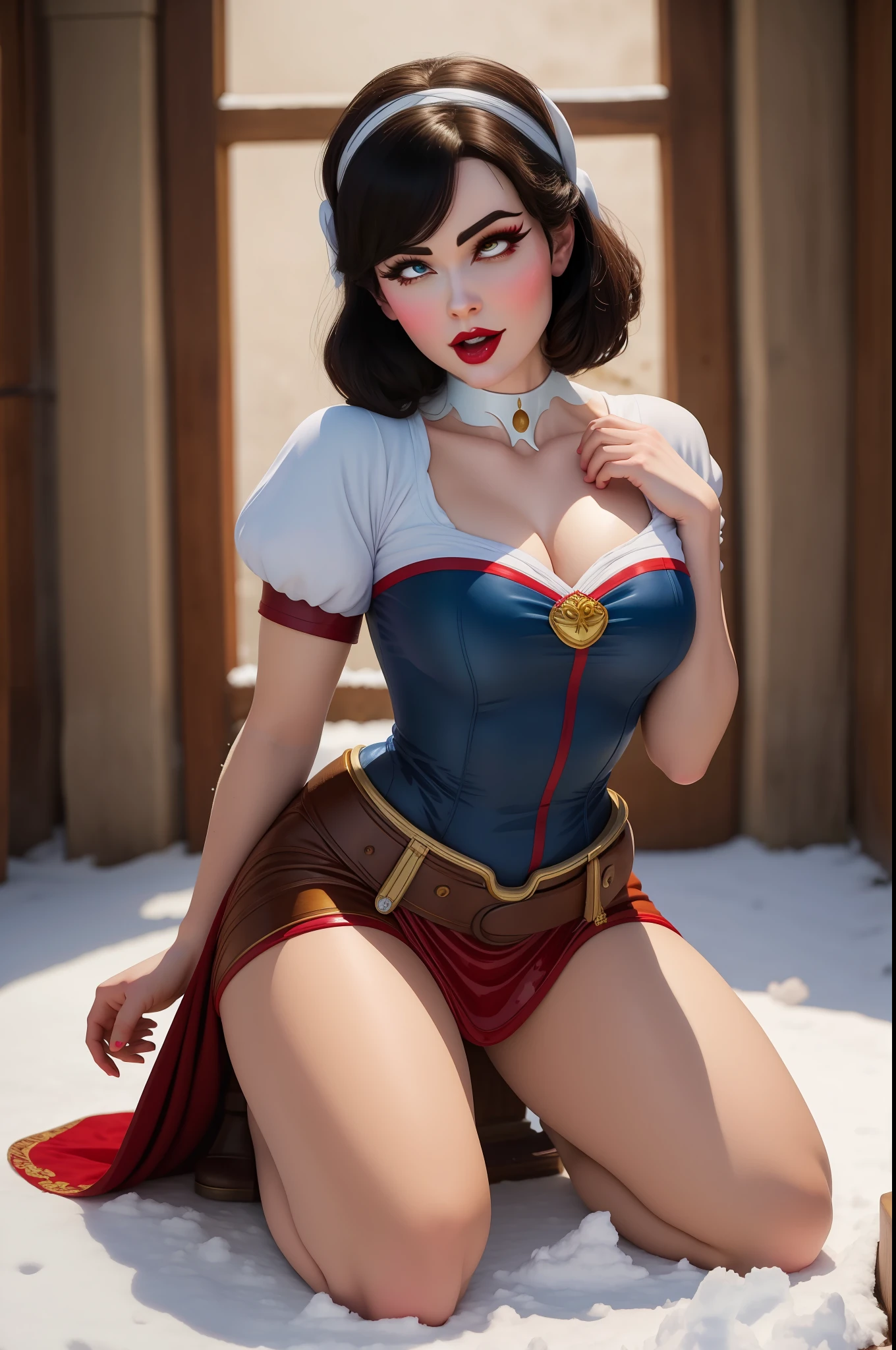 solo, masterpiece, best quality, medium shot of snow white, disney, kneeling, sexy pose, (ahegao:1.5)