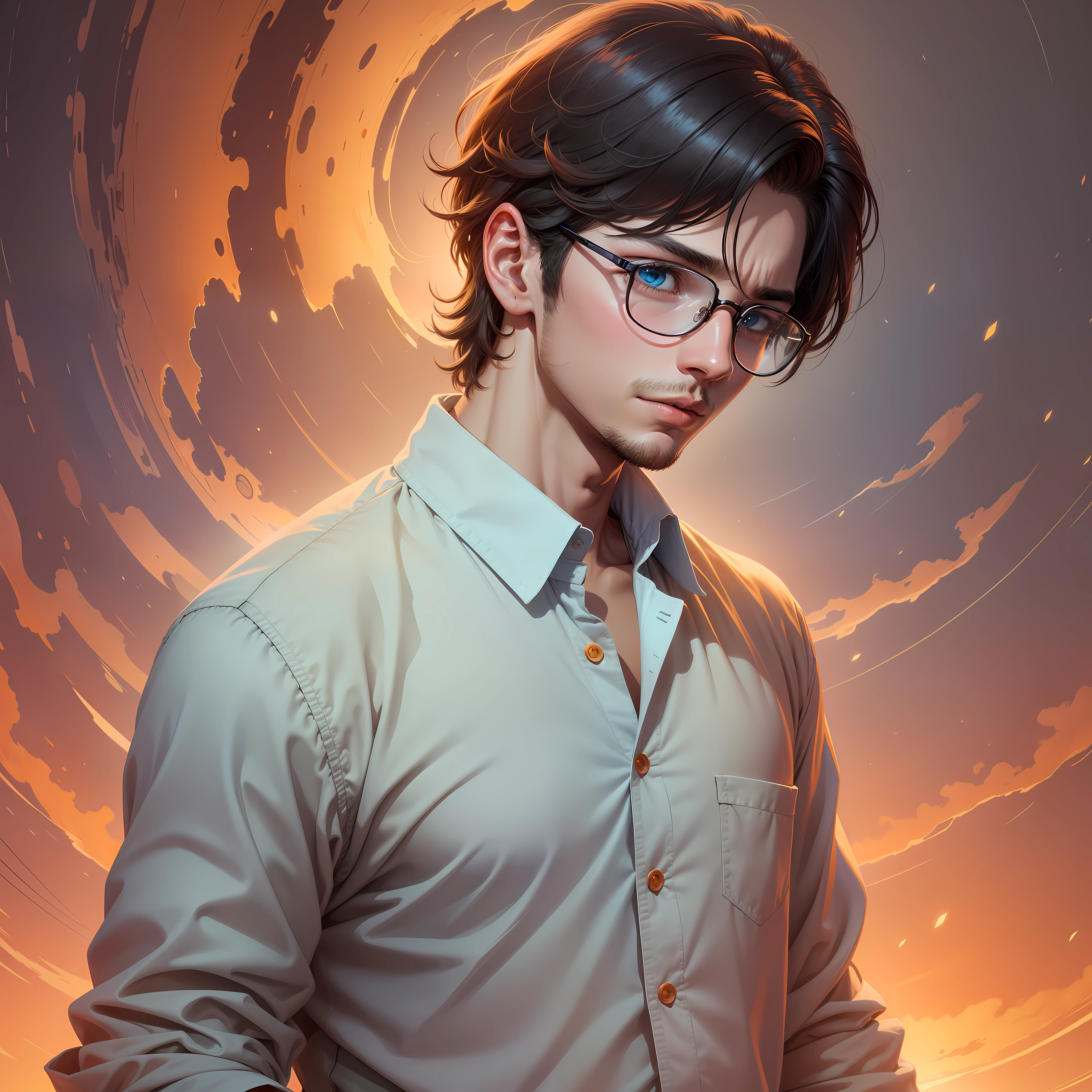 Imagine a stunning digital artwork that portrays a charming boy with a pair of glasses, without beard hair. his eyes reflecting a deep sense of sorrow. The artwork is set against the backdrop of a breathtaking yellow sunset sky setting, hues of oranges, and pinks. He is wearing a light blue shirt and long style pant upon the artwork. The interplay of light and shadow accentuates the emotional depth within his expression, creating a powerful visual narrative.Through the use of vibrant colors and intricate details.