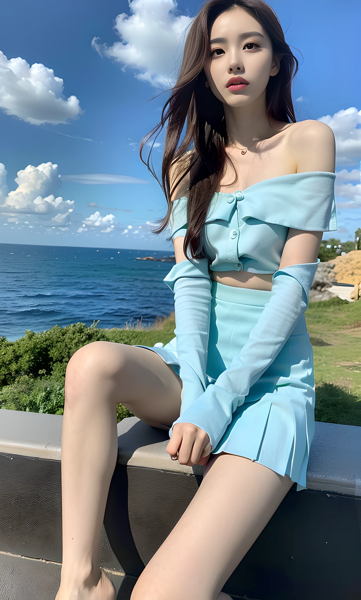 (8k, RAW photo, best quality, masterpiece:1.2), (full body:1.1), (short skirt off shoulder:1.2), (pleated skirt:1.2), best quality, masterpiece, (small mouth:1.2), (slender:1.2), an extremely delicate and beautiful, 8k wallpaper, Amazing, finely detail, masterpiece, best quality, (14 years old:1.2), narrow waist, (bright blue sky and white clouds, beautiful ocean, sitting ,nature:1.2), slim, shy, cute, dense hair, supple hair, high contrast, supplementary light, (closed mouth), beautiful, detailed eyes, (long hair:1.2)