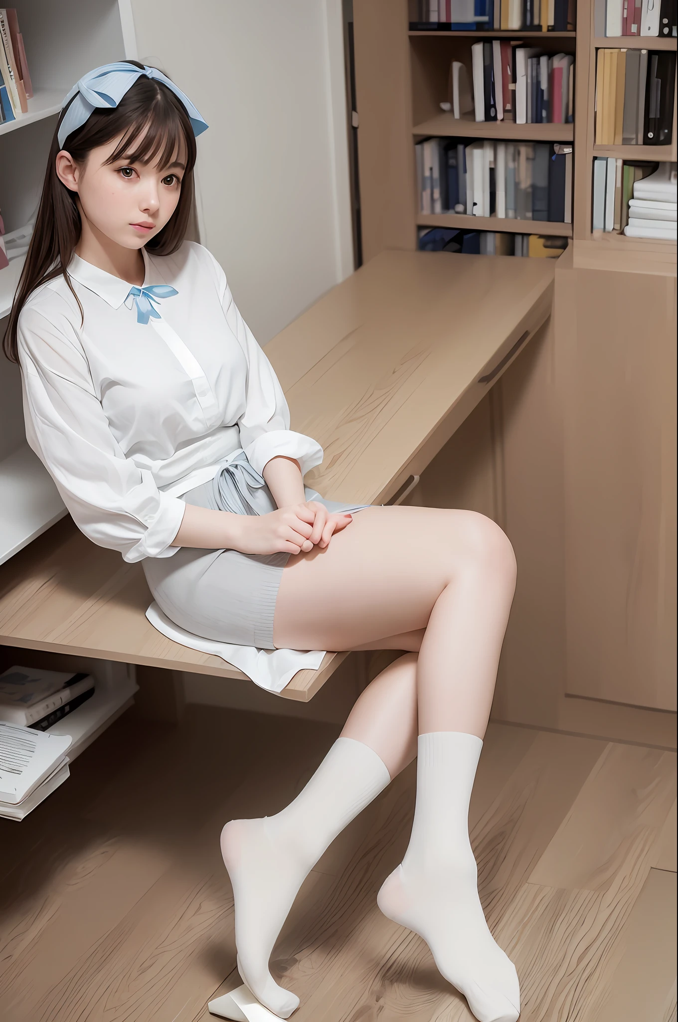 Photorealistic, pale light, 22 year old beautiful woman, white blouse, blue skirt, gray-brown hair with ribbon, white ankle socks, ソックスの縁にフリルの飾り、sitting with straight legs on the bed, soles of socks, library background