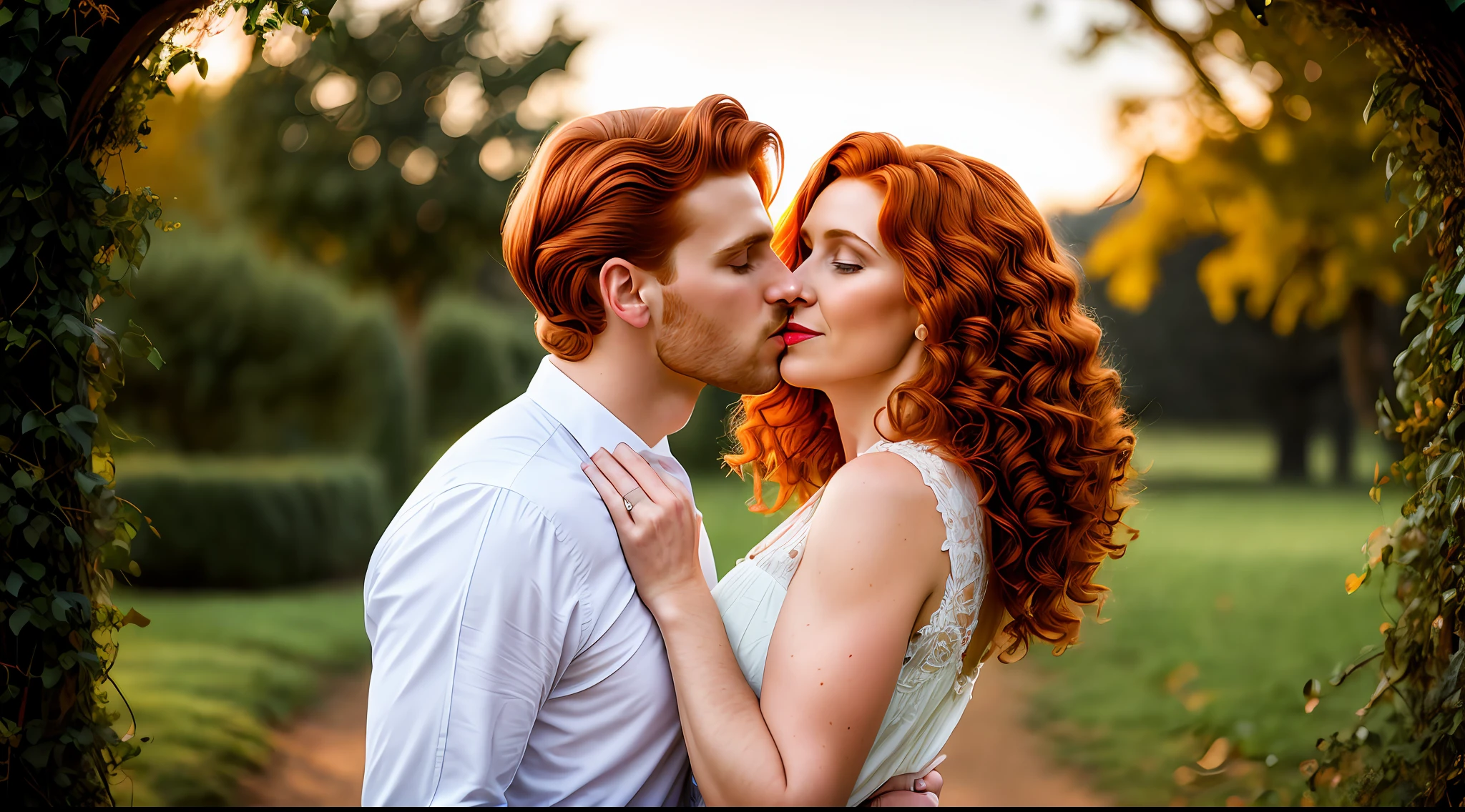 Light and bright, 8K, waist length photo of the beautiful European lady 55 years of red hair and a 1.80 m man of short brown hair, detailed intricate, realistic texture, dynamic composition, high contrast, man and woman kiss