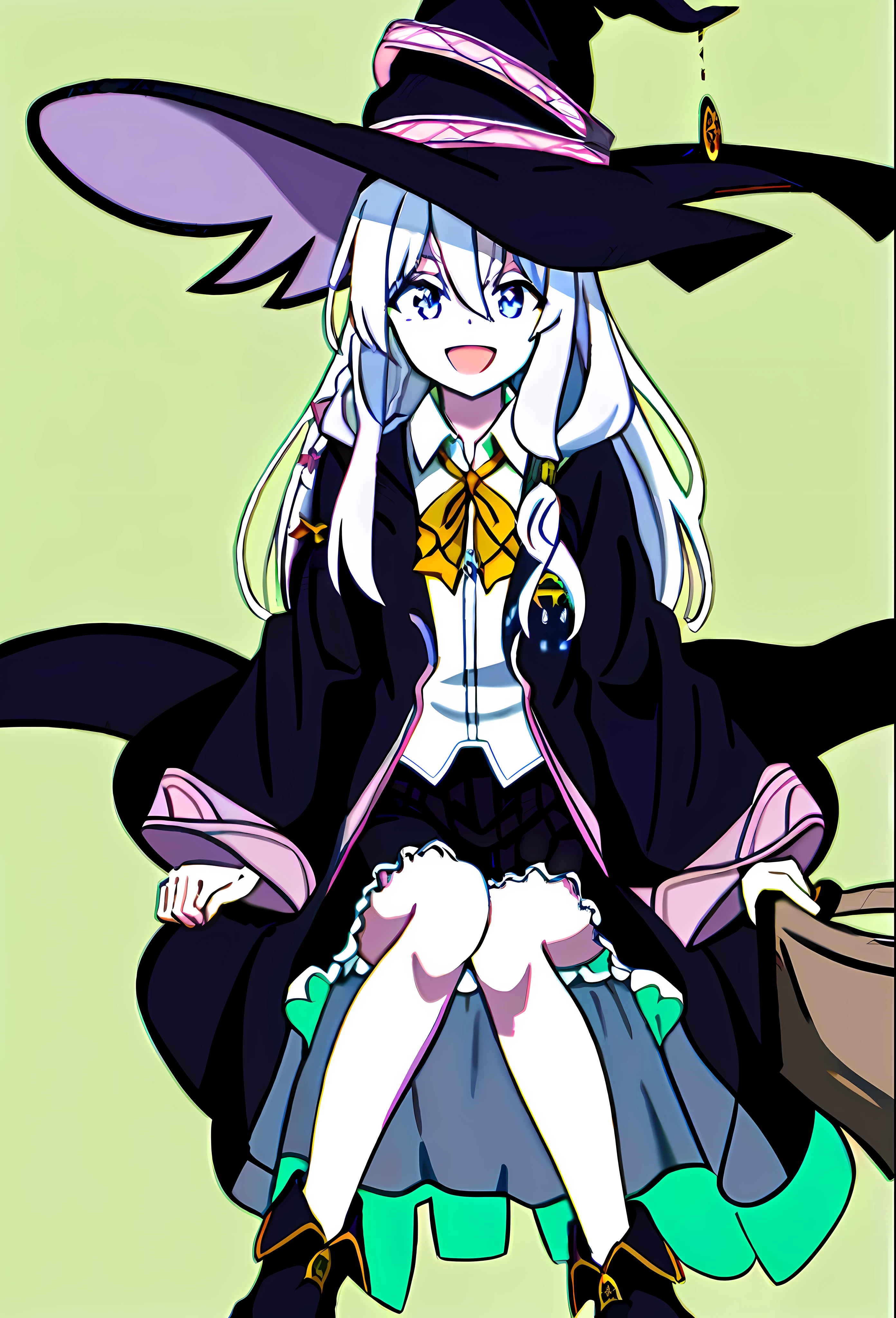 (masterpiece, best quality, high resolution),
elena, hat, witch hat, solo, long hair, sky, shirt, skirt, clouds, witch, open mouth, smile, black footwear, black tiara, white shirt, side saddle, black skirt, broom ride, robe, neck bow tie, yellow bow tie, looking at the audience, black robe, bow tie, open robe, hands on the head, long sleeves, pointed shoes, boots, full body, yellow bow, open clothes, high heels, wide sleeves, :d, collared shirt, bare legs, badge, hair bundle, yellow headband, sitting position