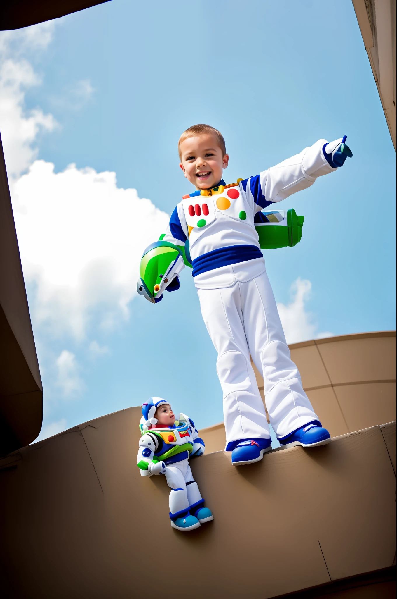 There is a little boy dressed up as Buzz Lightyear, Buzz Lightyear, Toy Story Style, Infinity and Beyond, Disney, Toy Story,