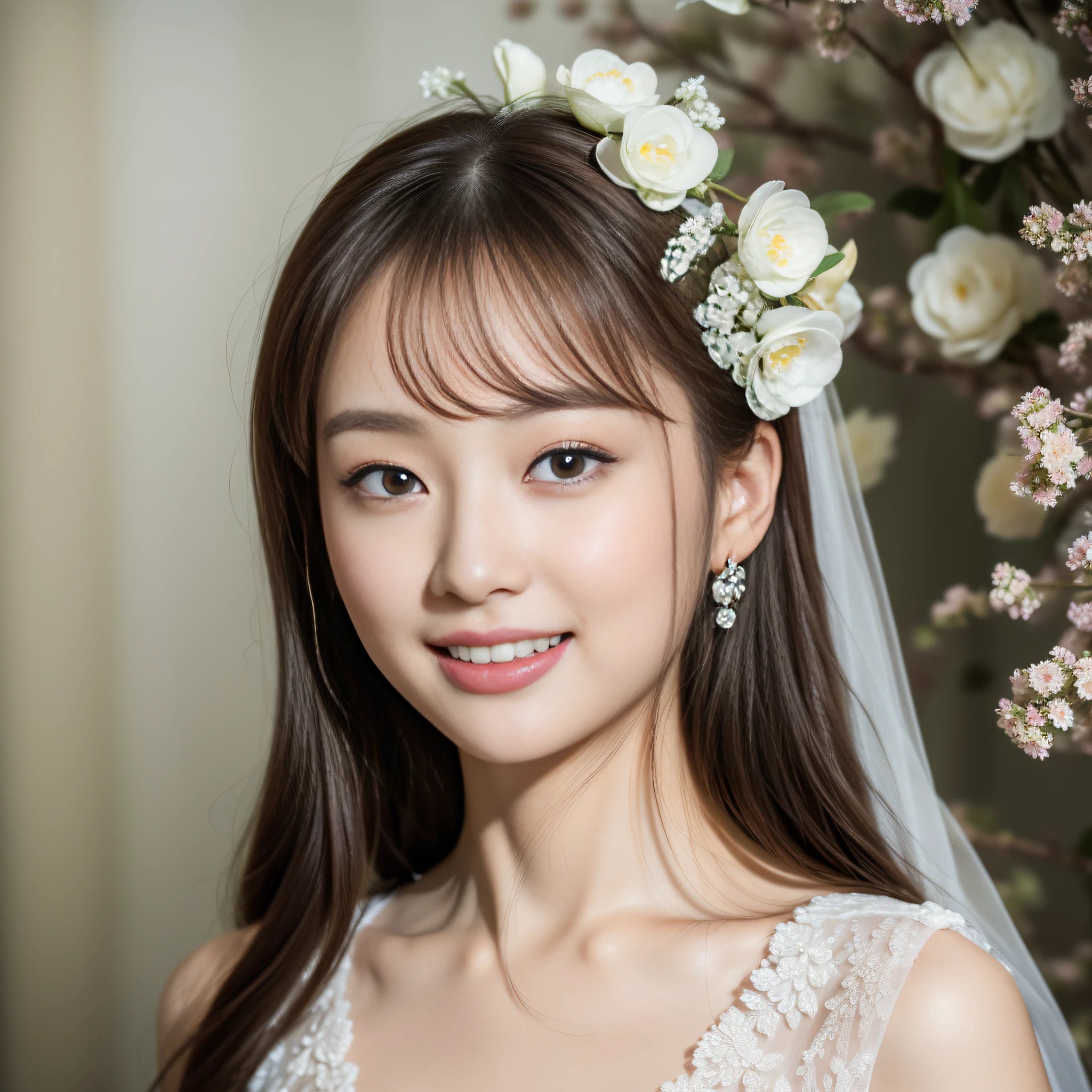 (masterpiece, best quality, exquisite photo, super high resolution, youthful, antique girl, double eyelid smile, goose egg face, delicate skin, biting lip, surrounded by budding bridal flowers)