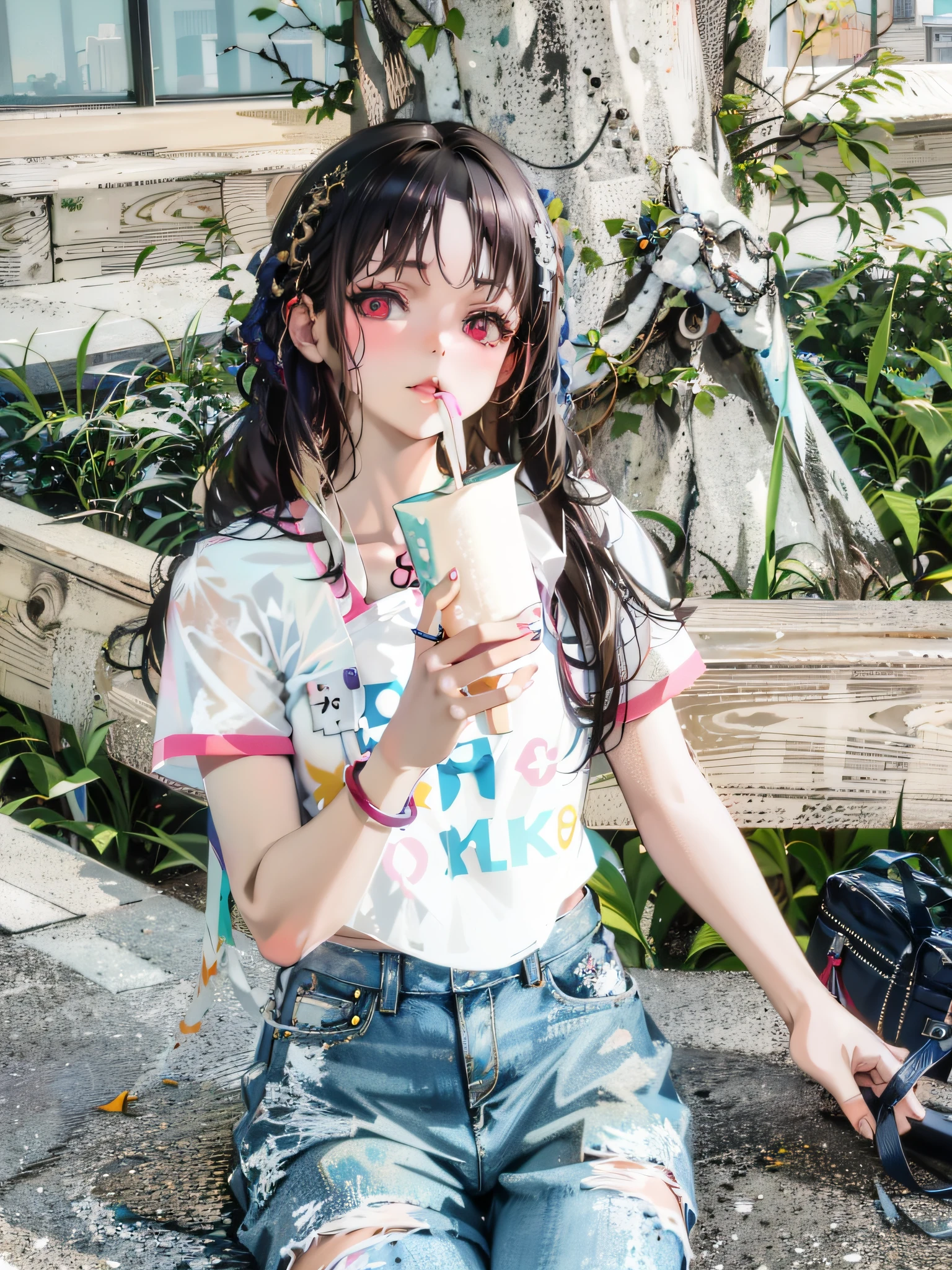 there is a young girl sitting on a bench eating a donut, ulzzang, kawaii shirt and jeans, young and cute girl, cute young girl, young asian girl, soda themed girl, she is wearing streetwear, jaeyeon nam, official, jossi of blackpink, she is about 1 6 years old, with ripped crop t - shirt, belle delphine