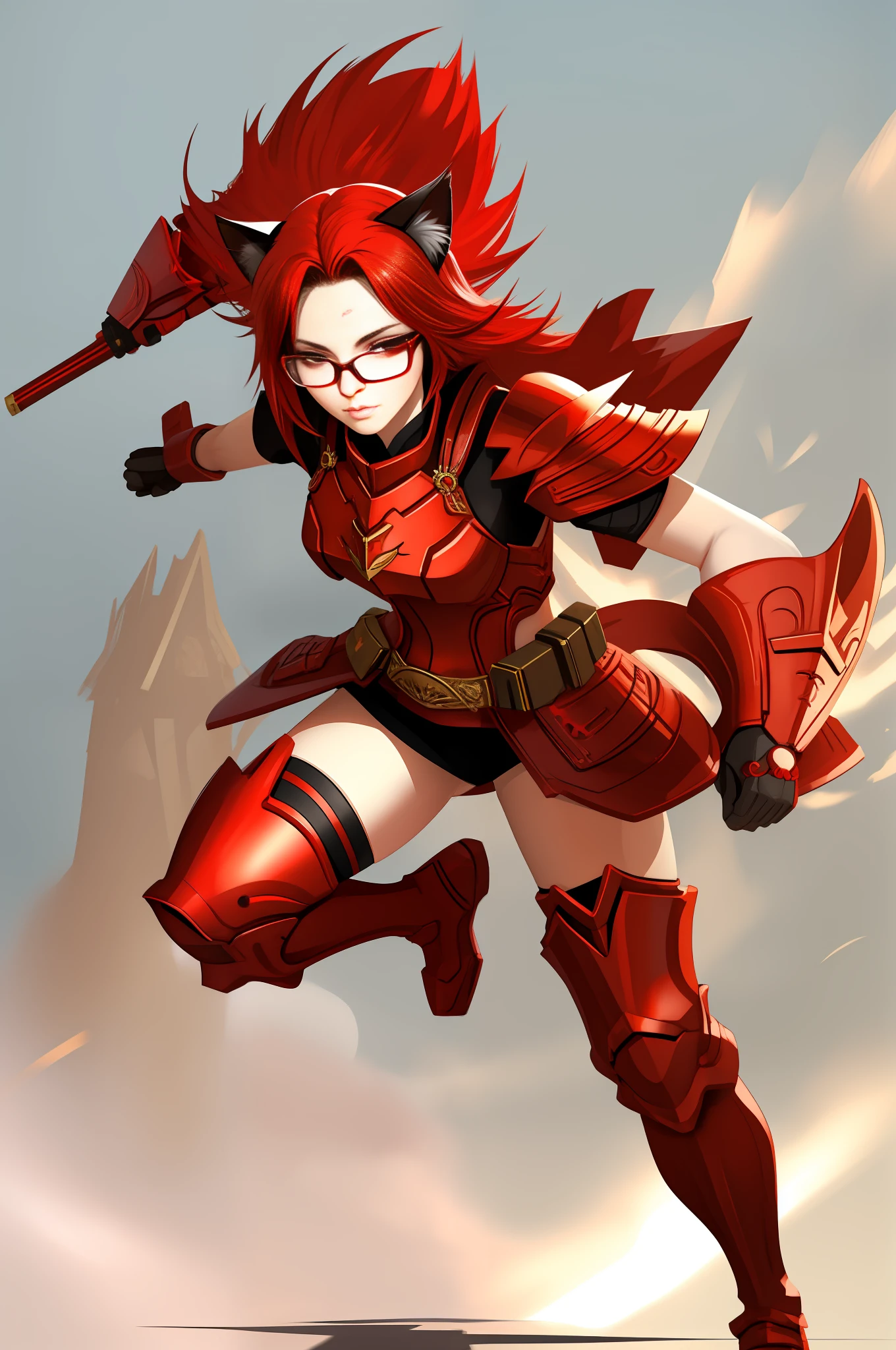 Best Quality, High Quality, Cute Woman, Full Body, Red Glasses, Cat Ears, Japan Wind Background, Pale Light, Armor, Fantasy, 3D, Glossy