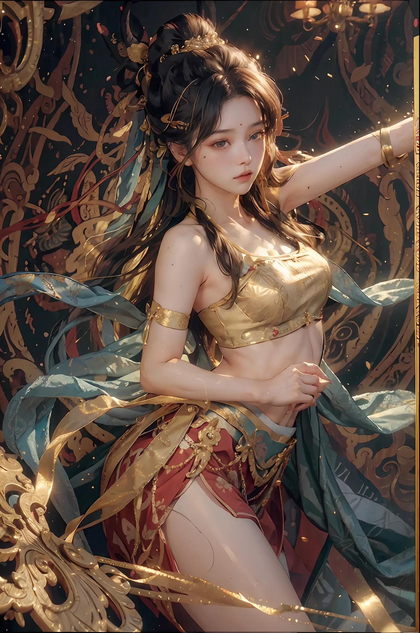 (RAW Photo, Best Quality), (Realistic, Photorealistic Real: 1.3), Best Quality, Highly Detailed, Masterpiece, Ultra Detailed, Illustration, 1 Girl, upper_body, Dynamic Angle, World Mastery Theater, messy_long_hair, Best Quality, Extremely Detailed CG Uniform 8k Wallpaper, Ink, Amazing, Cinematic Lighting, lens_flare, dunhuang_style, Sexy, Crop Top, Delicate Collarbone, Patterned Stockings, All over the body gold pattern,
