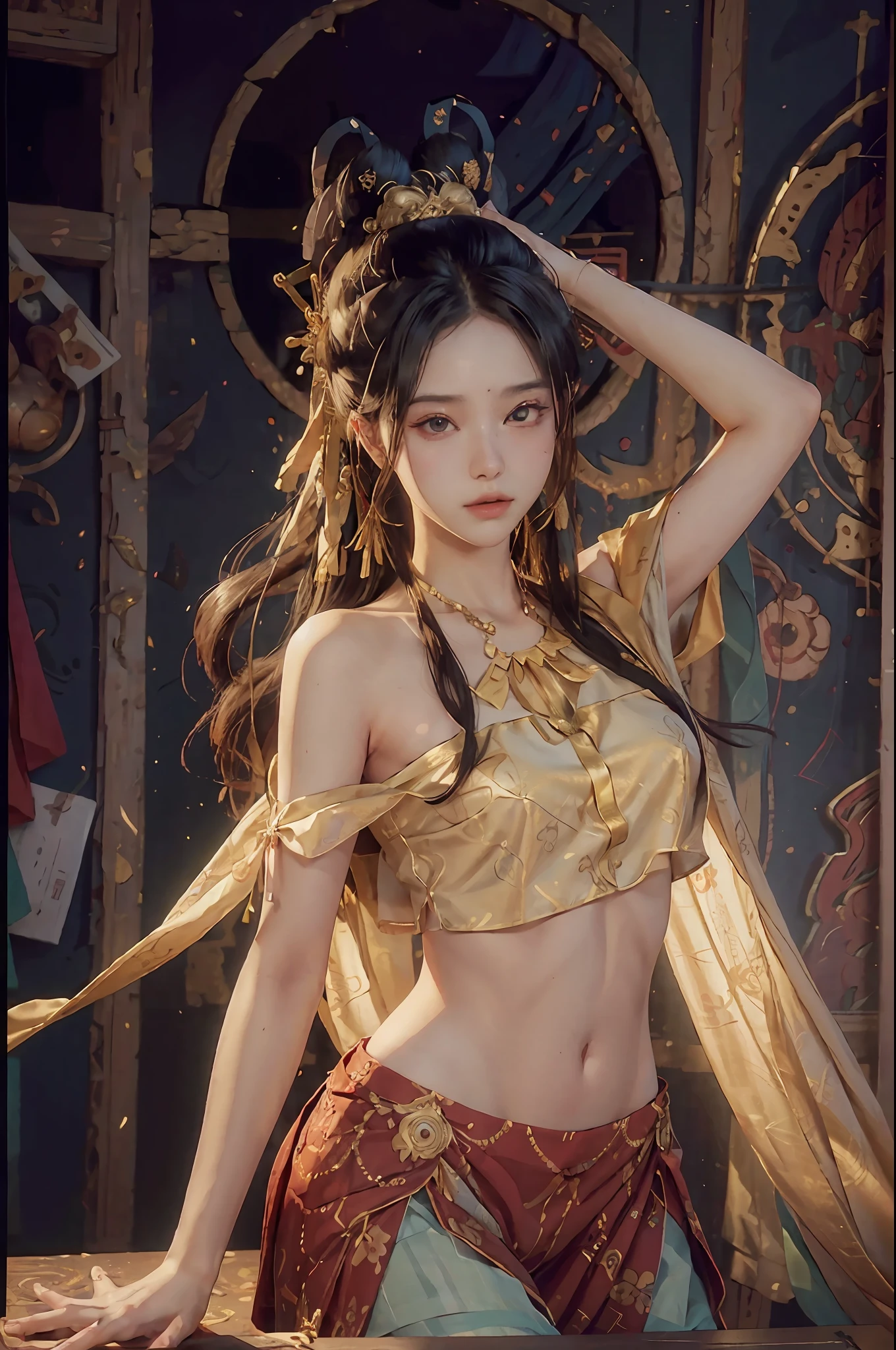 (RAW Photo, Best Quality), (Realistic, Photorealistic Real: 1.3), Best Quality, Highly Detailed, Masterpiece, Ultra Detailed, Illustration, 1 Girl, upper_body, Dynamic Angle, World Mastery Theater, messy_long_hair, Best Quality, Extremely Detailed CG Uniform 8k Wallpaper, Ink, Amazing, Cinematic Lighting, lens_flare, dunhuang_style, Sexy, Crop Top, Delicate Collarbone, Patterned Stockings, All over the body gold pattern,