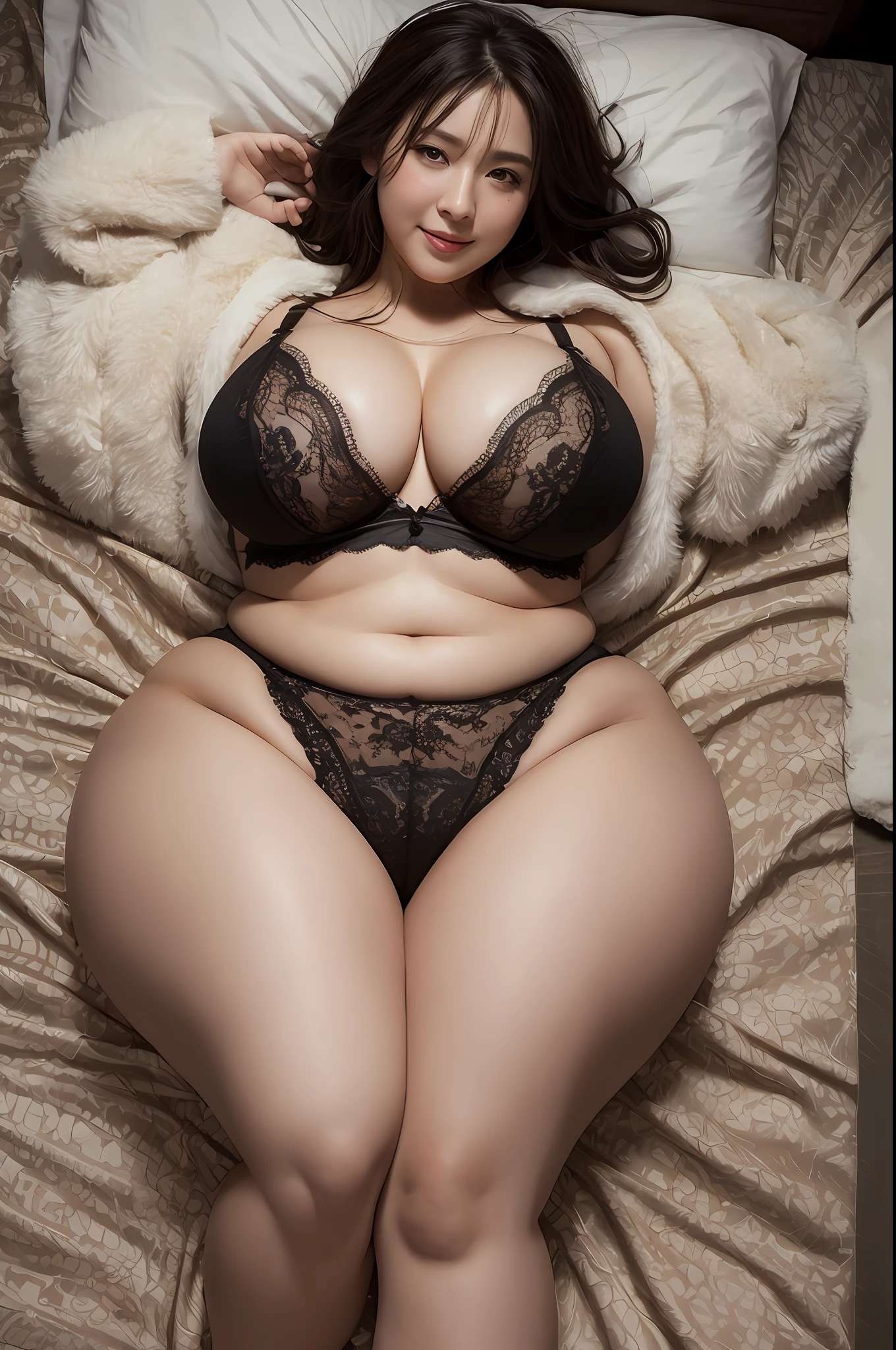 (Photorealistic), (Best Quality, 8k, Masterpiece: 1.1)), Sharp Focus: 1.2, Lying in bed, (plus size: 1.3), Fat belly, Smile, (Sensual: 1.3), 20 years old, cleavage, sweat, (huge breasts: 1.5), Big ass, Body bi red cheeks, K-pop Idol, Dynamic Angle, Girl, Solo, Thick arms, Thick legs, (wetA: 1.4), detailed eyes and skin, impressive shadows, best ratio four fingers and one thumb, sexy