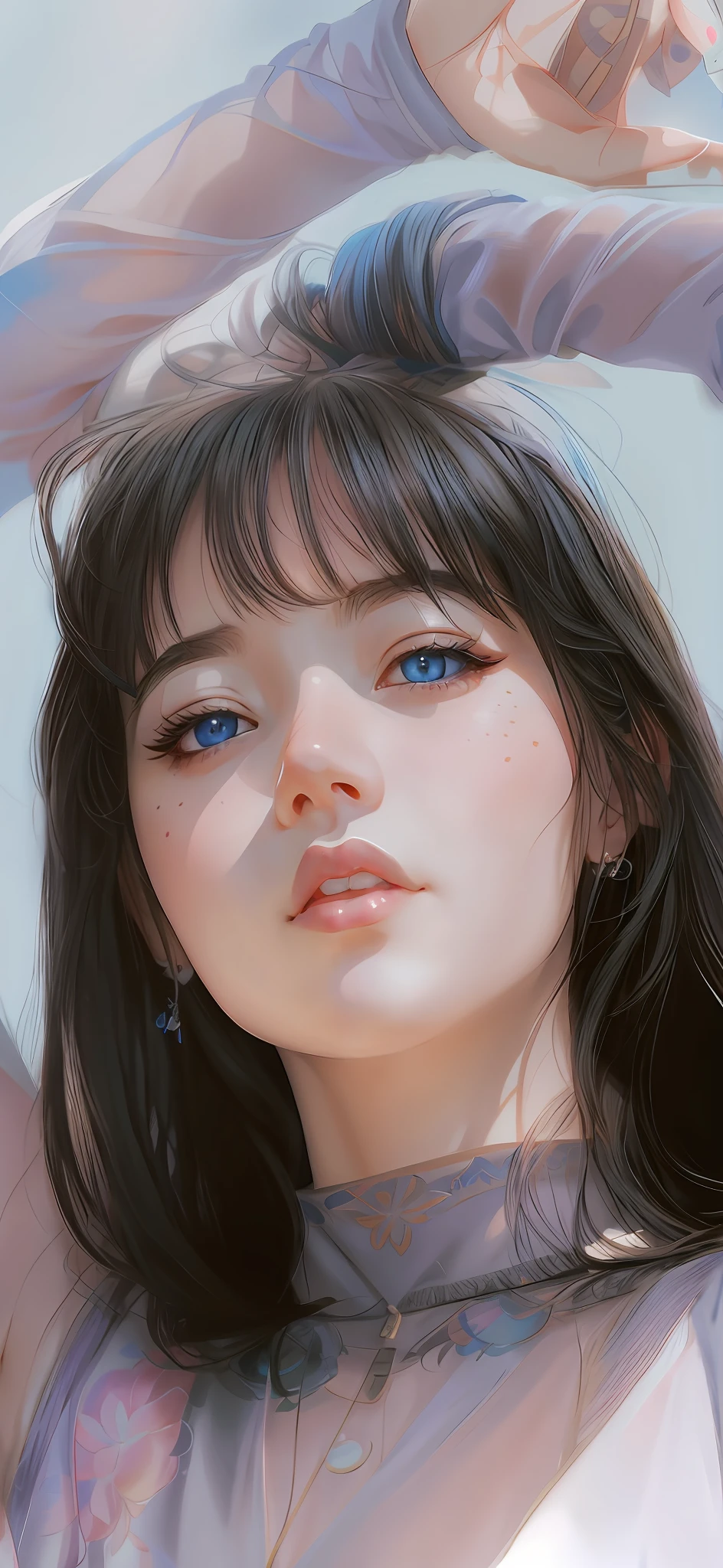 anime girl with blue eyes and long hair in a sheered top, kawaii realistic portrait, artwork in the style of guweiz, detailed beautiful portrait, detailed portrait of anime girl, realistic cute girl painting, beautiful digital illustration, realistic digital illustration, stunning anime face portrait, beautiful realistic face, rossdraws portrait, realistic beautiful face, realistic digital painting, detailed digital painting,anime girl with blue eyes and long hair in a sheered top, kawaii realistic portrait, artwork in the style of guweiz, detailed beautiful portrait, detailed portrait of anime girl, realistic cute girl painting, beautiful digital illustration, realistic digital illustration, stunning anime face portrait, beautiful realistic face, rossdraws portrait, realistic beautiful face, realistic digital painting, detailed digital painting, right hand is behind the head, left hand is raised,(hyperrealistic), (illustration), (high resolution), (8K), (extremely detailed), (best illustration), (beautiful detailed eyes), (best quality), (ultra-detailed), (masterpiece), (wallpaper), (detailed face), solo 1 girl, white wavy hair, korean, heterochromic eyes, small moles under the eyes,