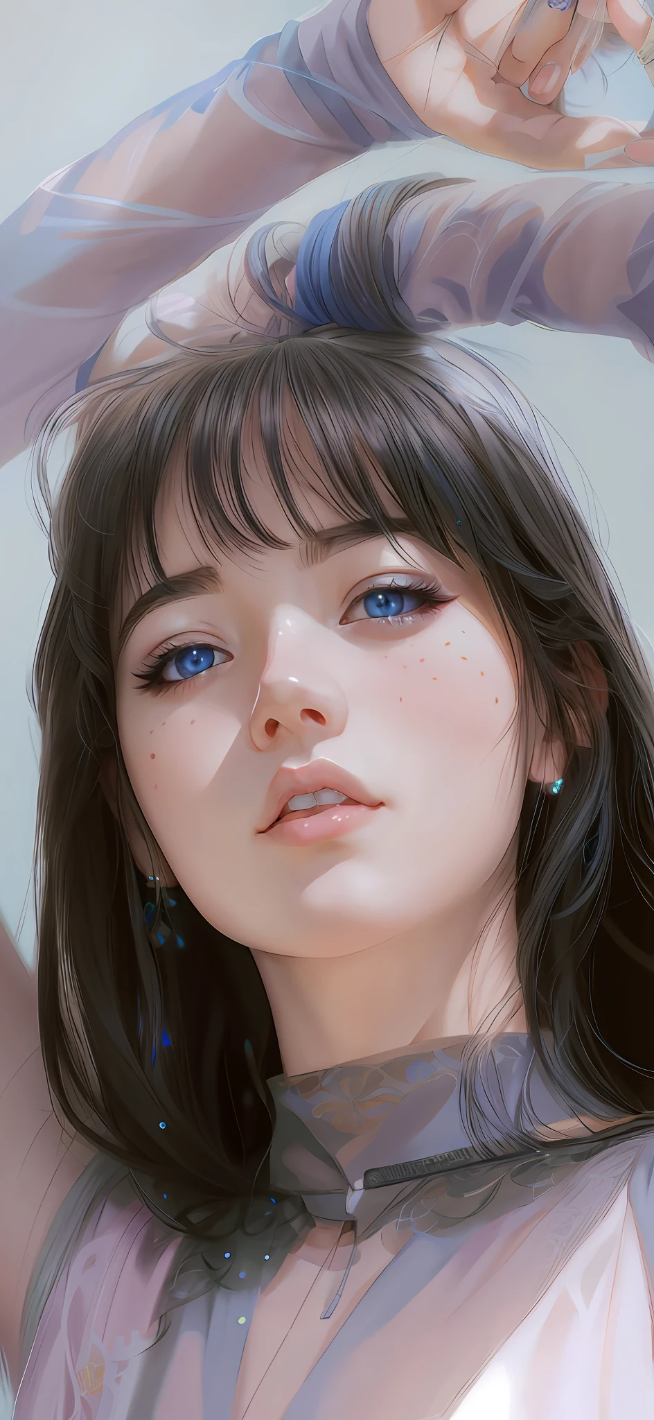 anime girl with blue eyes and long hair in a sheered top, kawaii realistic portrait, artwork in the style of guweiz, detailed beautiful portrait, detailed portrait of anime girl, realistic cute girl painting, beautiful digital illustration, realistic digital illustration, stunning anime face portrait, beautiful realistic face, rossdraws portrait, realistic beautiful face, realistic digital painting, detailed digital painting,anime girl with blue eyes and long hair in a sheered top, kawaii realistic portrait, artwork in the style of guweiz, detailed beautiful portrait, detailed portrait of anime girl, realistic cute girl painting, beautiful digital illustration, realistic digital illustration, stunning anime face portrait, beautiful realistic face, rossdraws portrait, realistic beautiful face, realistic digital painting, detailed digital painting, right hand is behind the head, left hand is raised,(hyperrealistic), (illustration), (high resolution), (8K), (extremely detailed), (best illustration), (beautiful detailed eyes), (best quality), (ultra-detailed), (masterpiece), (wallpaper), (detailed face), solo 1 girl, white wavy hair, korean, heterochromic eyes, small moles under the eyes,