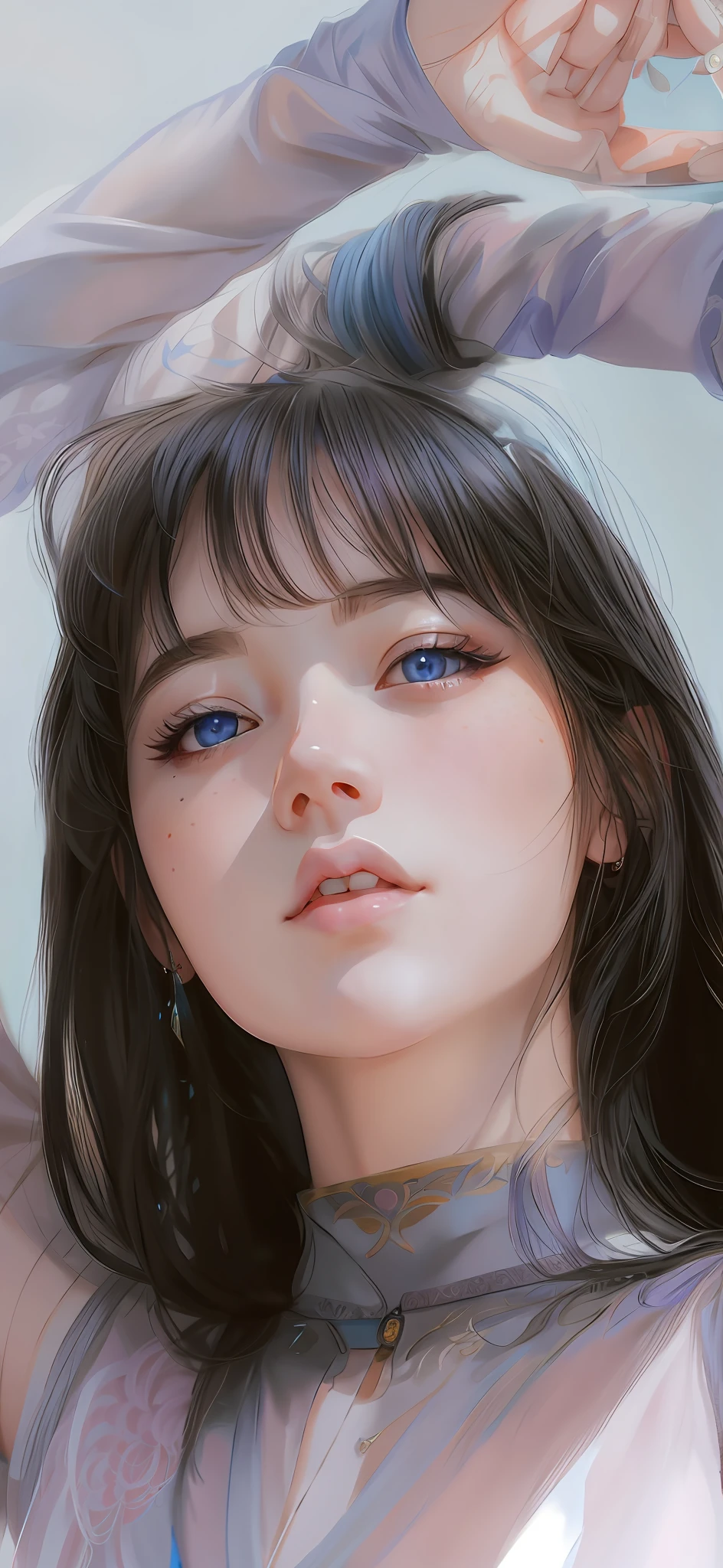 anime girl with blue eyes and long hair in a sheered top, kawaii realistic portrait, artwork in the style of guweiz, detailed beautiful portrait, detailed portrait of anime girl, realistic cute girl painting, beautiful digital illustration, realistic digital illustration, stunning anime face portrait, beautiful realistic face, rossdraws portrait, realistic beautiful face, realistic digital painting, detailed digital painting,anime girl with blue eyes and long hair in a sheered top, kawaii realistic portrait, artwork in the style of guweiz, detailed beautiful portrait, detailed portrait of anime girl, realistic cute girl painting, beautiful digital illustration, realistic digital illustration, stunning anime face portrait, beautiful realistic face, rossdraws portrait, realistic beautiful face, realistic digital painting, detailed digital painting, right hand is behind the head, left hand is raised,(hyperrealistic), (illustration), (high resolution), (8K), (extremely detailed), (best illustration), (beautiful detailed eyes), (best quality), (ultra-detailed), (masterpiece), (wallpaper), (detailed face), solo 1 girl, white wavy hair, korean, heterochromic eyes, small moles under the eyes,