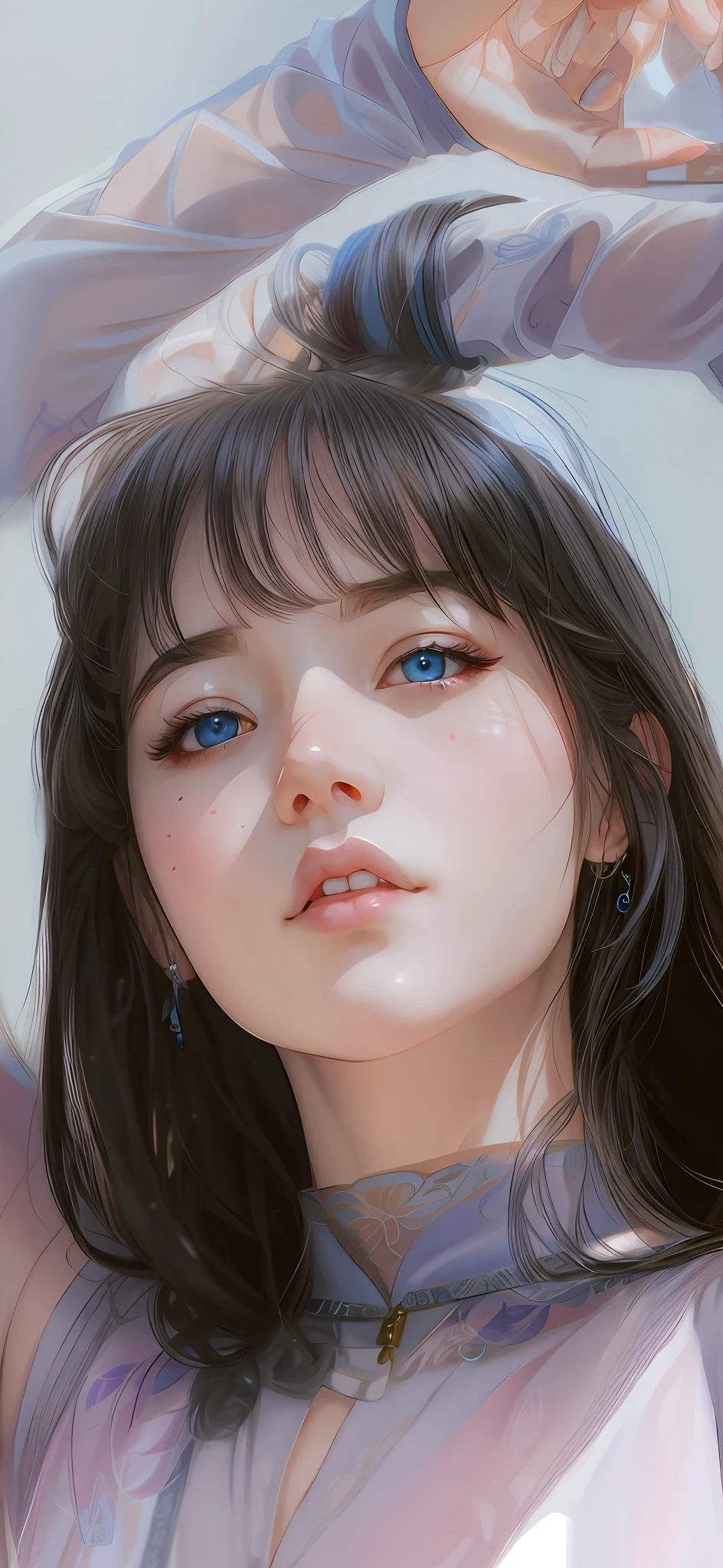 anime girl with blue eyes and long hair in a sheered top, kawaii realistic portrait, artwork in the style of guweiz, detailed beautiful portrait, detailed portrait of anime girl, realistic cute girl painting, beautiful digital illustration, realistic digital illustration, stunning anime face portrait, beautiful realistic face, rossdraws portrait, realistic beautiful face, realistic digital painting, detailed digital painting,anime girl with blue eyes and long hair in a sheered top, kawaii realistic portrait, artwork in the style of guweiz, detailed beautiful portrait, detailed portrait of anime girl, realistic cute girl painting, beautiful digital illustration, realistic digital illustration, stunning anime face portrait, beautiful realistic face, rossdraws portrait, realistic beautiful face, realistic digital painting, detailed digital painting, right hand is behind the head, left hand is raised,(hyperrealistic), (illustration), (high resolution), (8K), (extremely detailed), (best illustration), (beautiful detailed eyes), (best quality), (ultra-detailed), (masterpiece), (wallpaper), (detailed face), solo 1 girl, white wavy hair, korean, heterochromic eyes, small moles under the eyes,