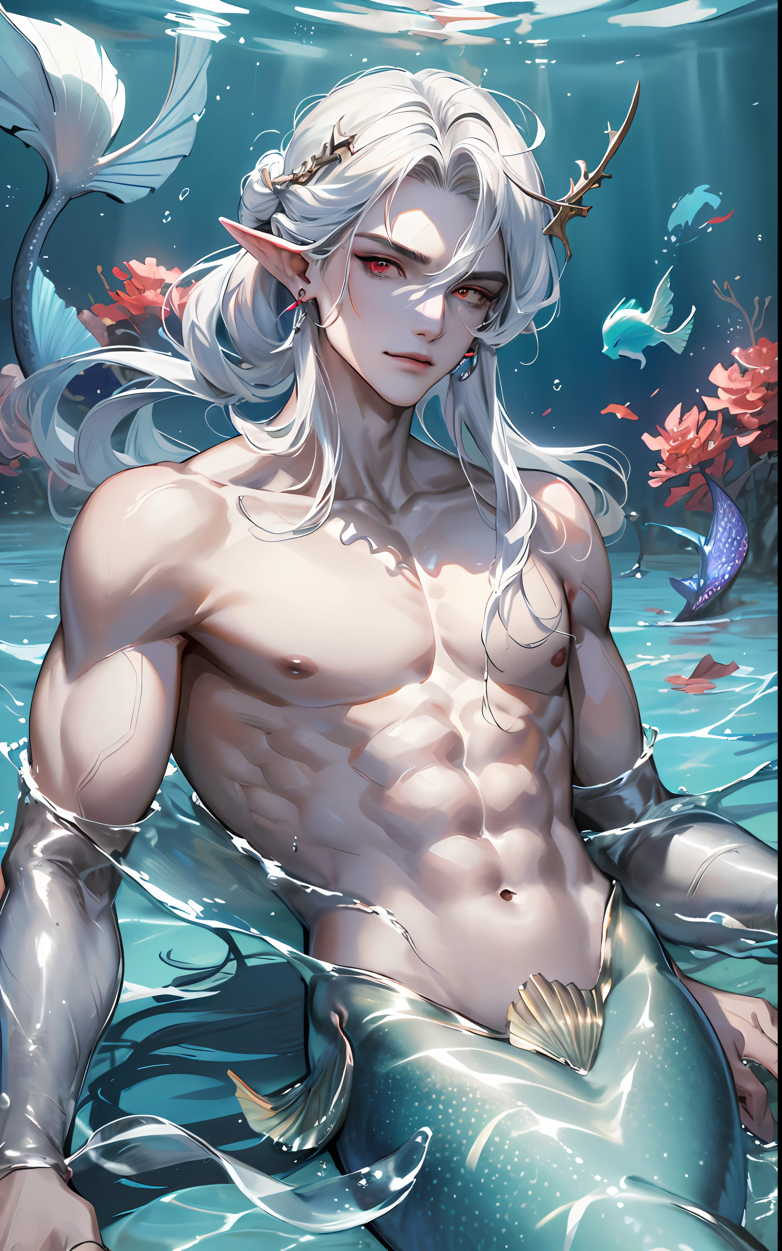 man, masculine, masculine face, attractive, muscular, (((1man))), masterpiece, absurdres, best quality ,intricate details , (shiny skin, shiny body, shiny oily luster skin, shiny hair, pale skintone), Sundown, attractive, ((muscular)), adult, one, earrings, Don't look at the view , Not looking at the view, silver hair, braided hair, perfect detailed face, perfect detailed hands, triton, fins, red eyes, triton ears, ((portait)), smirk, marine sea ornaments, ((in the water)), open chest, ((mermaid tail)), no legs, ((diving underwater)), under the sea, fishes, masculine features, masculine face, (((night))), moonlight, darkness, dark light
