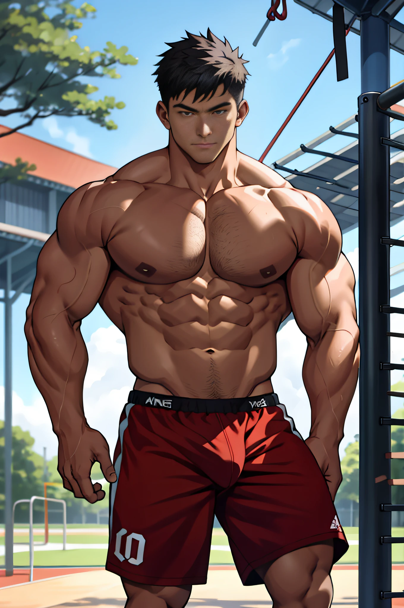 Height 195 Muscle Male Sports Student, 1s, Cow-like Strong, Energetic, Energetic, Campus, Playground, Best Quality, Japanese, Only Black and Red Panties, Barefoot, Bad, Masterpiece, Ultra High Resolution, Detailed Background, Reality, Illustration, Single, 1 Boy, Muscle Male, Volume Lighting, Depth of Field, Wheezing, Raised Crotch, Handsome Action, Big Dynamics