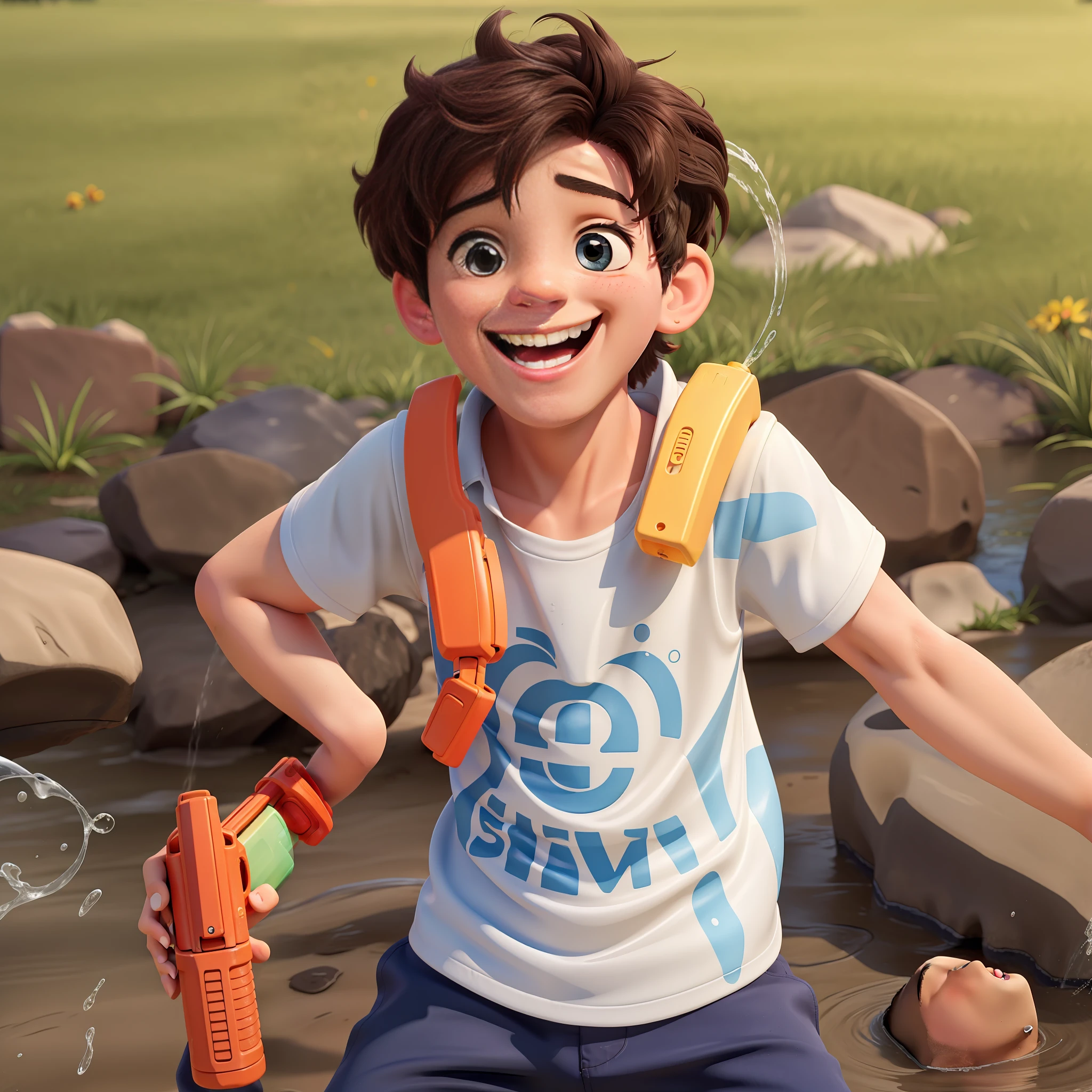 Boy, laughing, having fun with a water gun, childlike