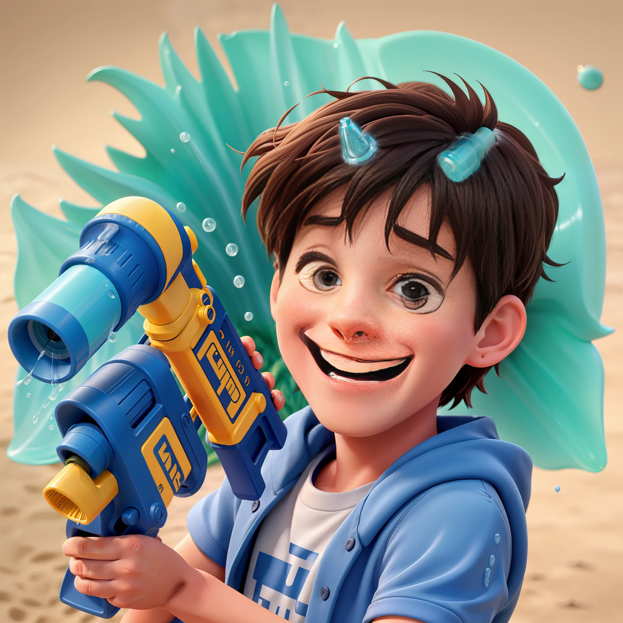Boy, laughing, having fun with a water gun, childlike