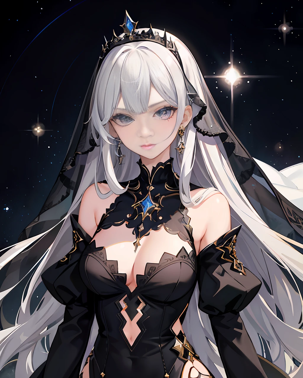 1 girl, detailed face, masterpiece, sensual, starlight saintess, black ornate dress, curvaceous woman, head veil, long silver hair, fair skin, droopy eyes, starry eyes, fullbody, facing forward