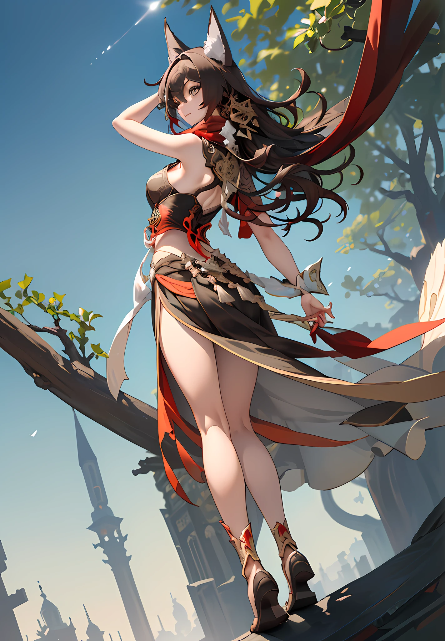 nsfw:1.5,masterpiece, best quality, high quality, High definition, High quality texture, High quality shadow, high detail, beautiful detailed, finely detailed, extremely detailed cg, detailed texture, a realistic representation of the face, realistic, colorful, delicate, Cinematic Light, sidelighting, Lens Flare, Ray tracing, sharp focus, (1girl, __focus__:1.5), (intricate details, makeup, PureErosFace_V1:0.5), (detailed beautiful delicate face, detailed beautiful delicate eyes, a face of perfect proportion, high detailed skin, detailed skin, best ratio four finger and one thumb, arms under breast, medium large breasts, wide hips, smooth midriff, skiny and thin, __fashion__, __hair__:1.3),, 2 woman, sky background, (backlight:1.2), (natural sunlight from back:1.4), castle windows, cat ears, fluffy fox tails, brown hair, red accent, Gorgeous Chinese Model, Chinese Costume, red chinesse dresses, red - brown costume, hair ornament, red scarf, Her nose is small and straight, with a slight upturn at the tip that gives her a playful, mischievous look, (((high detailed))), hdr, (hyperdetailed:1.15), (soft light, sharp:1.2), 1girl, beautiful girl, ultra detailed eyes, mature, plump, full body, showing feet