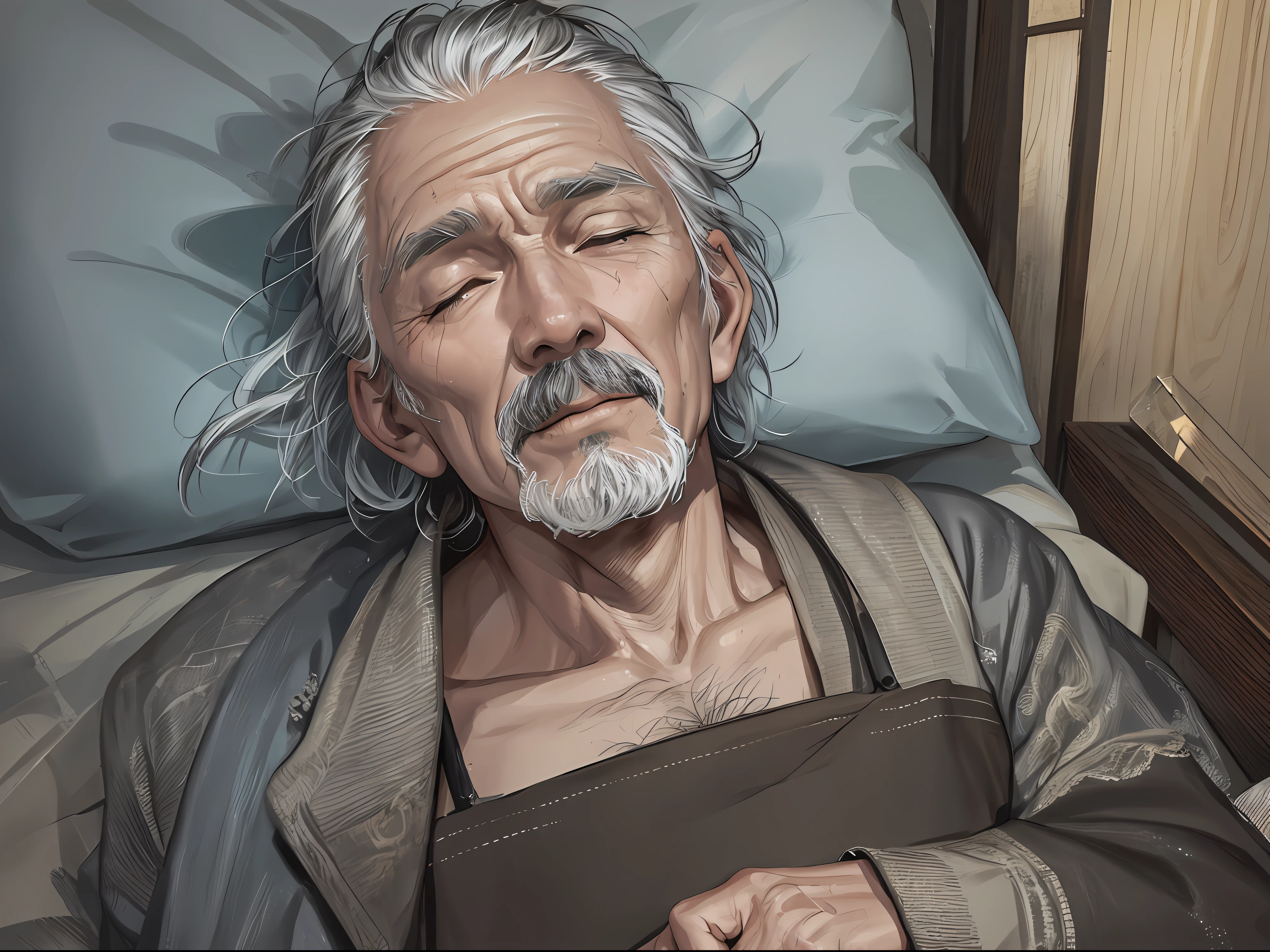 1 old man, thin, sick, weak, lying in bed, eyes closed, peaceful, shabby, ((ultra-realistic details)), Chinese Republic of China style, panorama, global illumination, clear facial features, short black hair, shabby clothes, sloppy, 8k, a pair of bright eyes