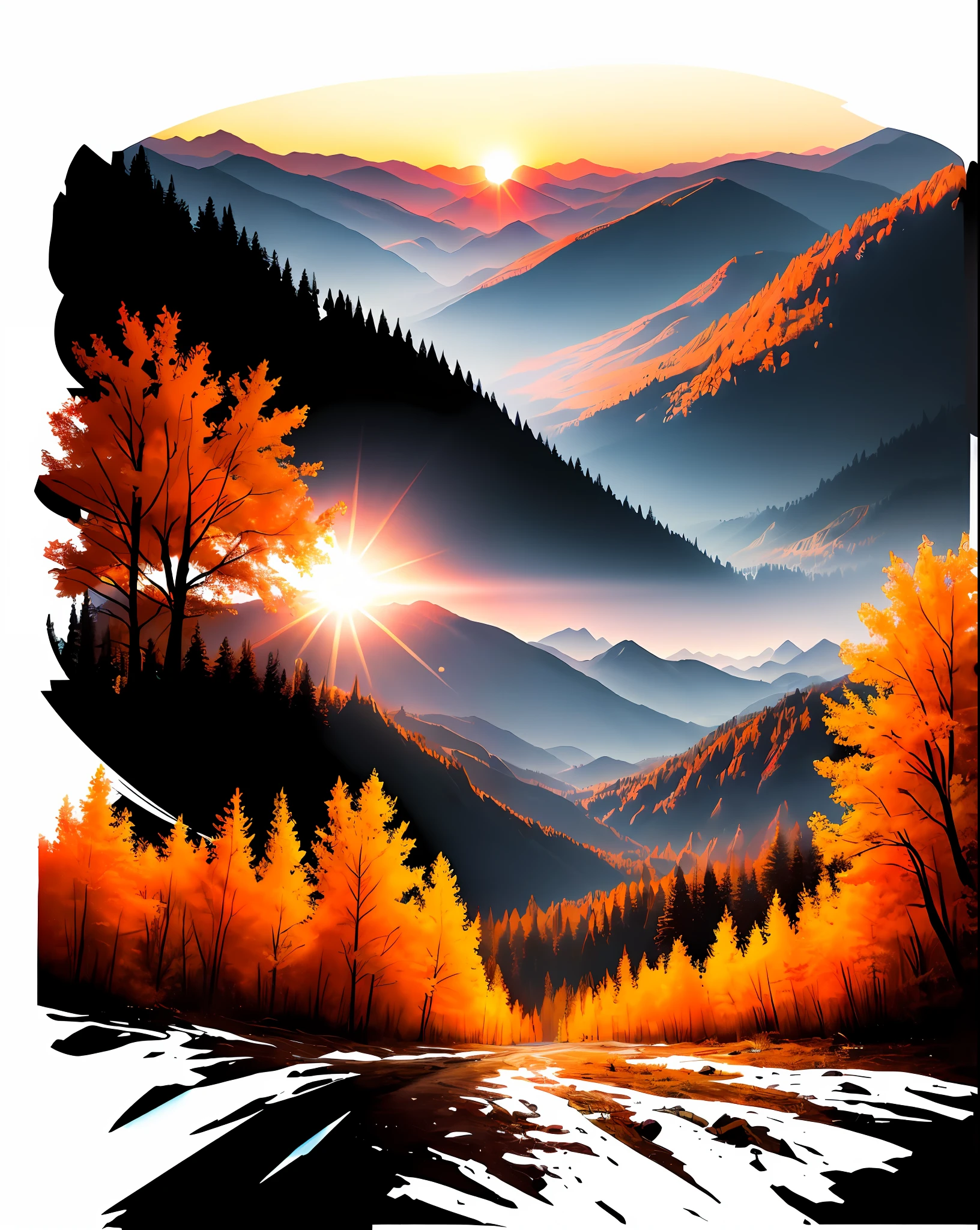 Short shot, nature m, RAW colorful art, vivid colors, mountains, forest, sunset, cinematic shading, rim light, sunlight.