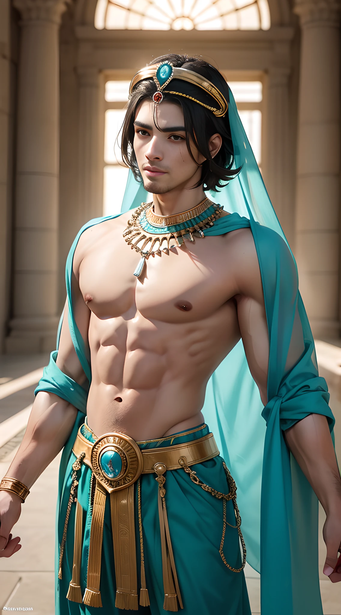 (macho man), (one handsome muscular young man in his 20's), (full body), (short hair),(turquoise blue),  he looks like Ancient Egyptian pharaoh, he was typically depicted as regal figures with distinct features. he was often portrayed with a headdress called the "nemes," which was a striped cloth that covered their head and extended down the back. his facial features was portrayed in a stylized manner, emphasizing a sense of power and prestige. he had prominent, almond-shaped eyes with thickly lined eyelids. The eyes were often depicted as having a slight upward tilt, giving them a regal and commanding gaze. The eyebrows were also depicted as well-defined and often arched. pyramids and desert in the background,

Pharaohs were shown with a straight, narrow nose and full, slightly rounded lips. The lips were sometimes accentuated with a hint of a smile, conveying a sense of benevolence and wisdom. The overall depiction aimed to convey a sense of divine authority, wisdom, and strength, reflecting the pharaoh's status as a ruler and deity.mischievous smile, (details: 1 1), natural muscles, high quality, beautiful eyes, (detailed face and eyes), ( No face: 1 2), noise, real photo、... PSD, Sharp Focus, High Resolution 8k, Real & Professional Photography, 8K UHD, Soft Lighting, High Quality, Film Grain, FUJIFILM XT3