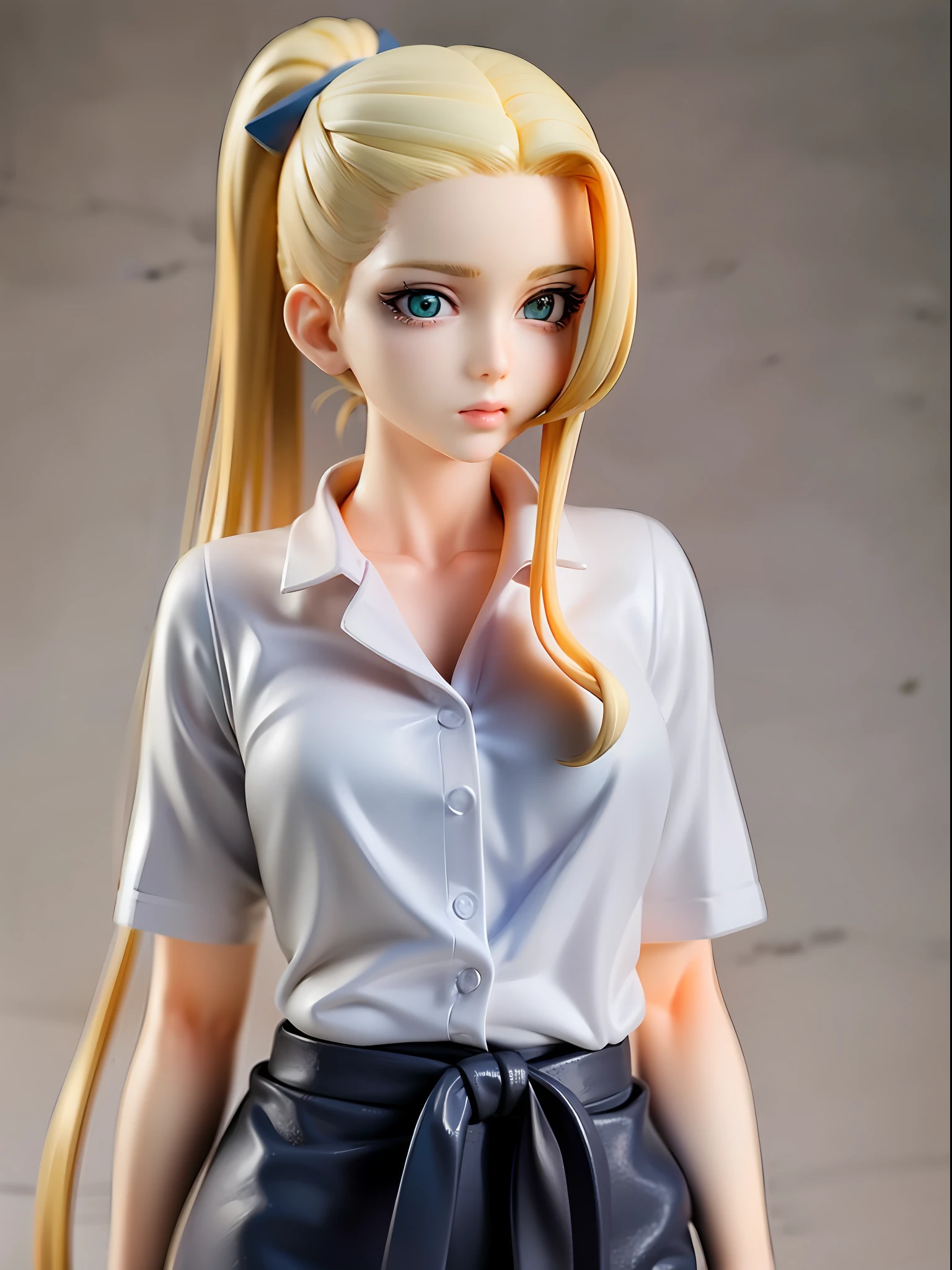 1girl, blonde hair in high ponytail, strands of hair sweeping across the forehead, green eyes, pale skin, wearing a simple white shirt, blue ribbon tied around the waist, standing with a relaxed posture.