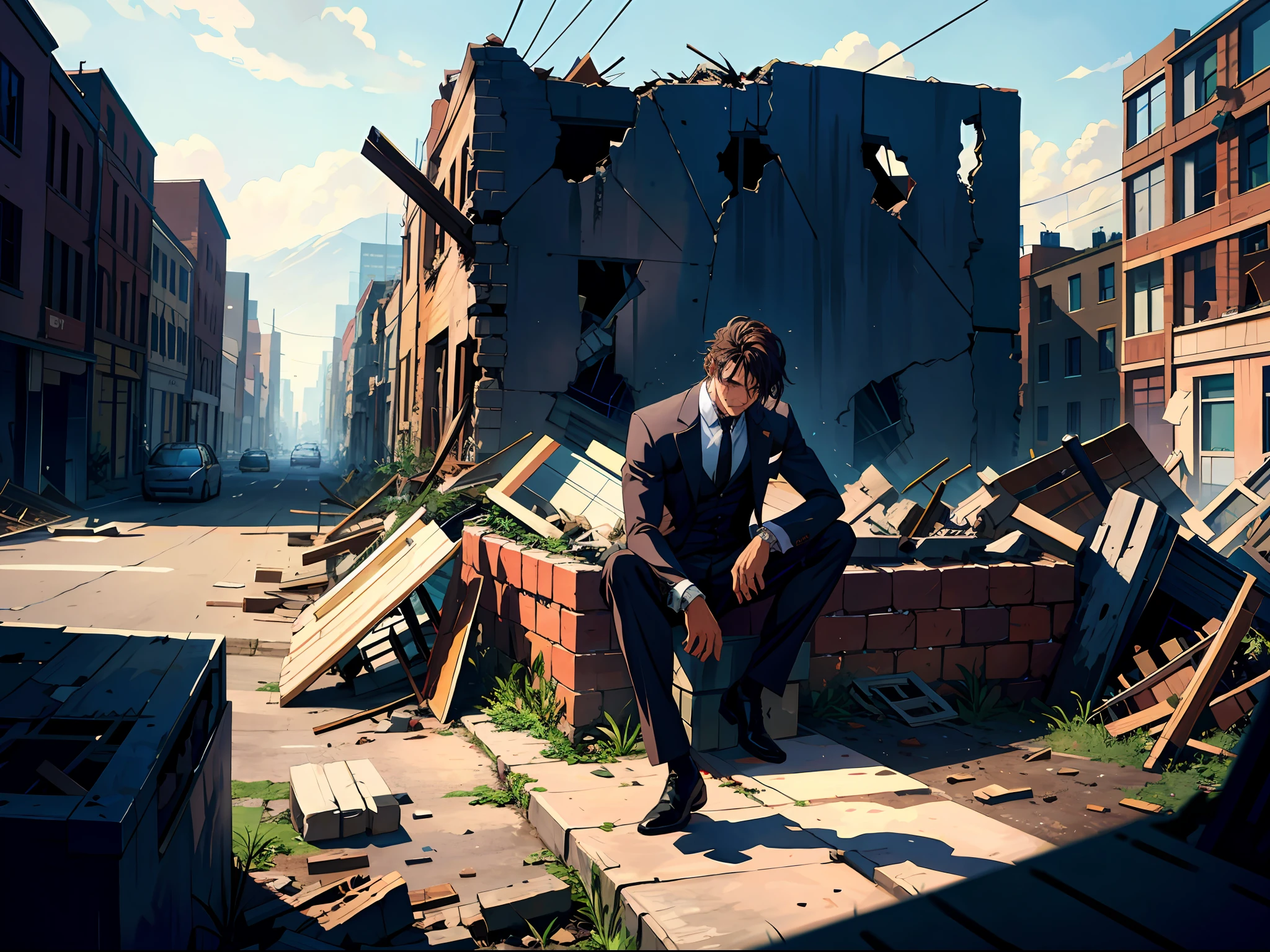 High resolution, highest quality, illustration, super detailed, a decadent man, sitting on his knees, head up crying, tattered clothes, ruins of a broken city in the background