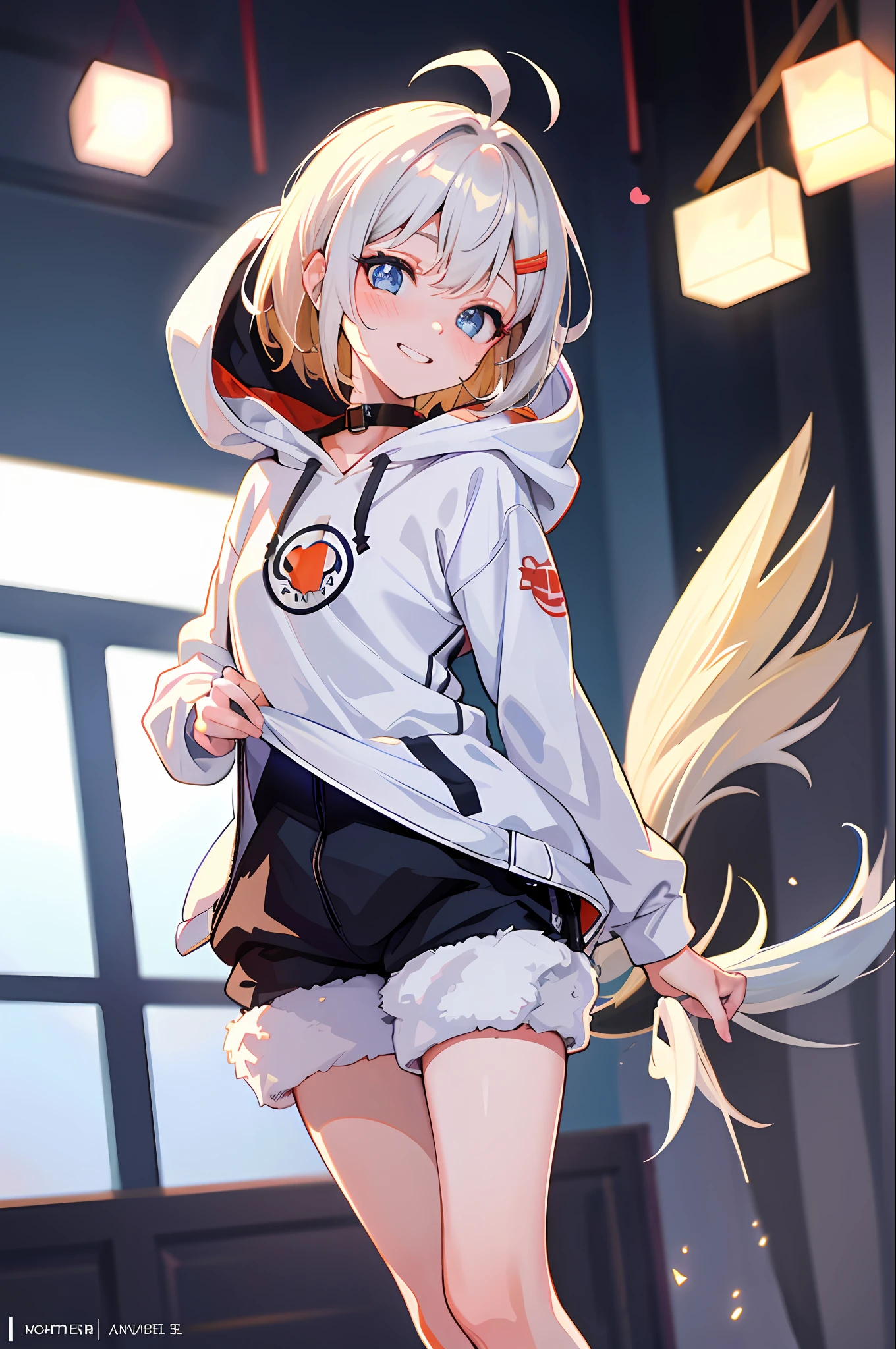 long silvery-white hair with a bluish tint, starry eyes, it looks even more beautiful than immortal, ahoge, hair, goggles, star-shaped pupils, amber eyes, colored contact lenses, blush, high detail, anime, anime style, movie lighting, ray tracing, motion lines, tachie, first person perspective, close-up, sony fe gm, uhd, high detail, best quality, 8k short hair, hair clip, blush, (blonde), very cute girl, small, young, delicate, attention to girl, living room, cute, girlfriend, smile, best moment, middle school, blue eyes, bright eyes, lively eyes, cute, standing, thighs, red heart in the background, heart speech bubble, spoiled, innocent, love love, love viewers, beautiful body, cute face, delicate arms, Boyfriend's perspective, lively eyes, neatness, bare legs, dabo dabo hoodie, perfect hood, white hoodie with English letters, black shorts, bold pose, beautiful girl, estrus, nsfw, naughty mood, grinning, female brat