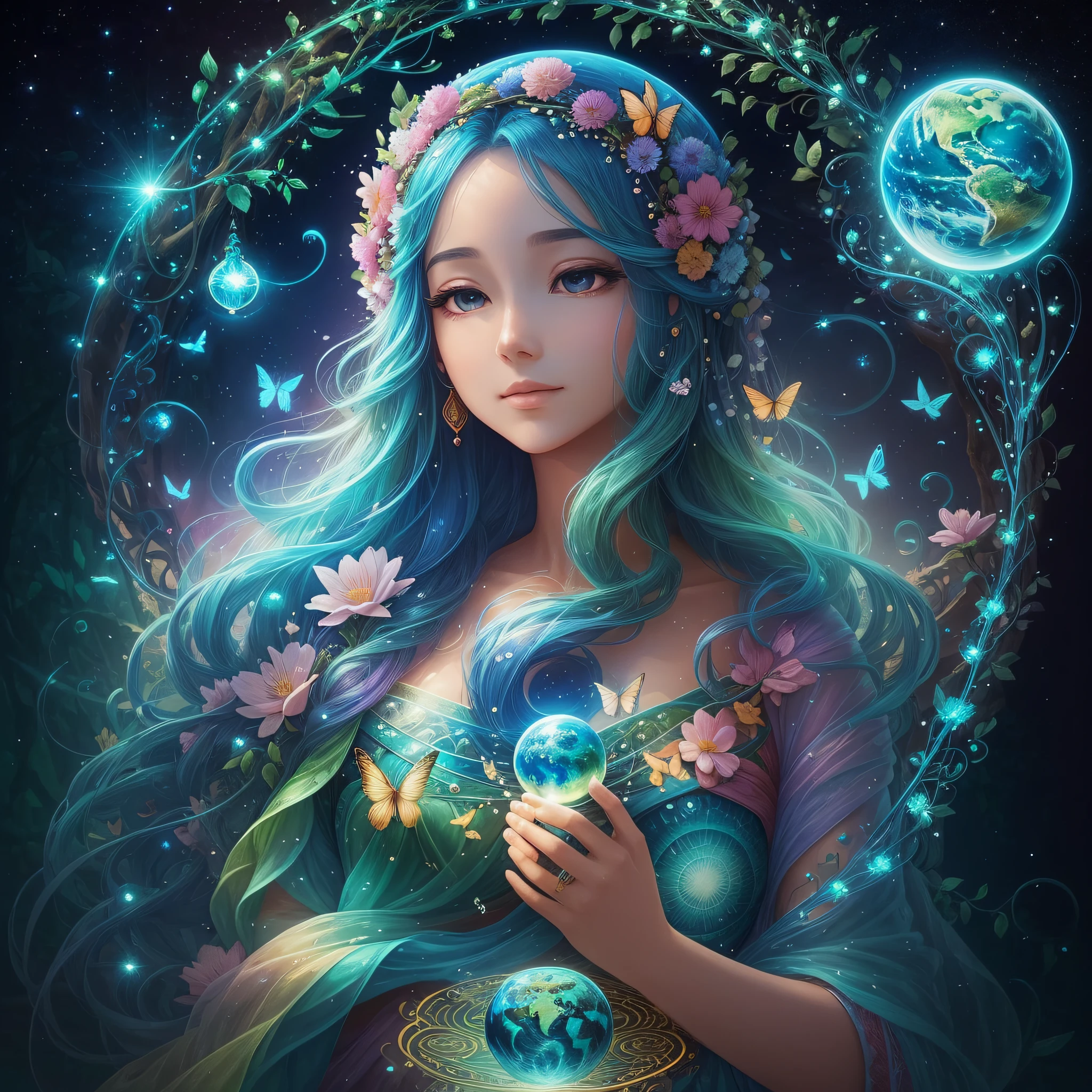 Mother Earth is a majestic and gentle being who displays boundless wisdom and compassion. Her figure is tall and elegant, like a majestic mountain, exuding a quiet and stable power. Her skin is like smooth earth, flowing with green grasslands and blue rivers. The body is covered with a colorful and gorgeous flower, which exudes a fresh and fragrant fragrance.
The top of her head is covered by a vibrant forest, wooded and singing birds. In this forest, trees are chained in a loop, symbolizing the cycle and connection of life. Her eyes were bright and gentle, radiating wisdom and love. She holds a shimmering blue crystal ball in her hand, representing clear rivers and lakes, symbolizing her protection and protection of water sources.
The voice of Mother Earth is like the chirping of birds in the morning, beautiful and pleasant. She calls the names of all things in loving language, giving warmth and guidance to life. A flock of colorful butterflies and splendid flocks of birds flew around her, as if part of her body extended, symbolizing her close connection and harmonious symbiosis with all living beings in nature.
The existence of Mother Earth is a solemn tribute to life, she is the guardian of the environment and the source of life, making people feel her strength and beauty, inspiring people's sense of responsibility to protect the earth and love nature. Her image is deeply awed and leads humanity towards a future of sustainable development and harmonious coexistence. --auto --s2