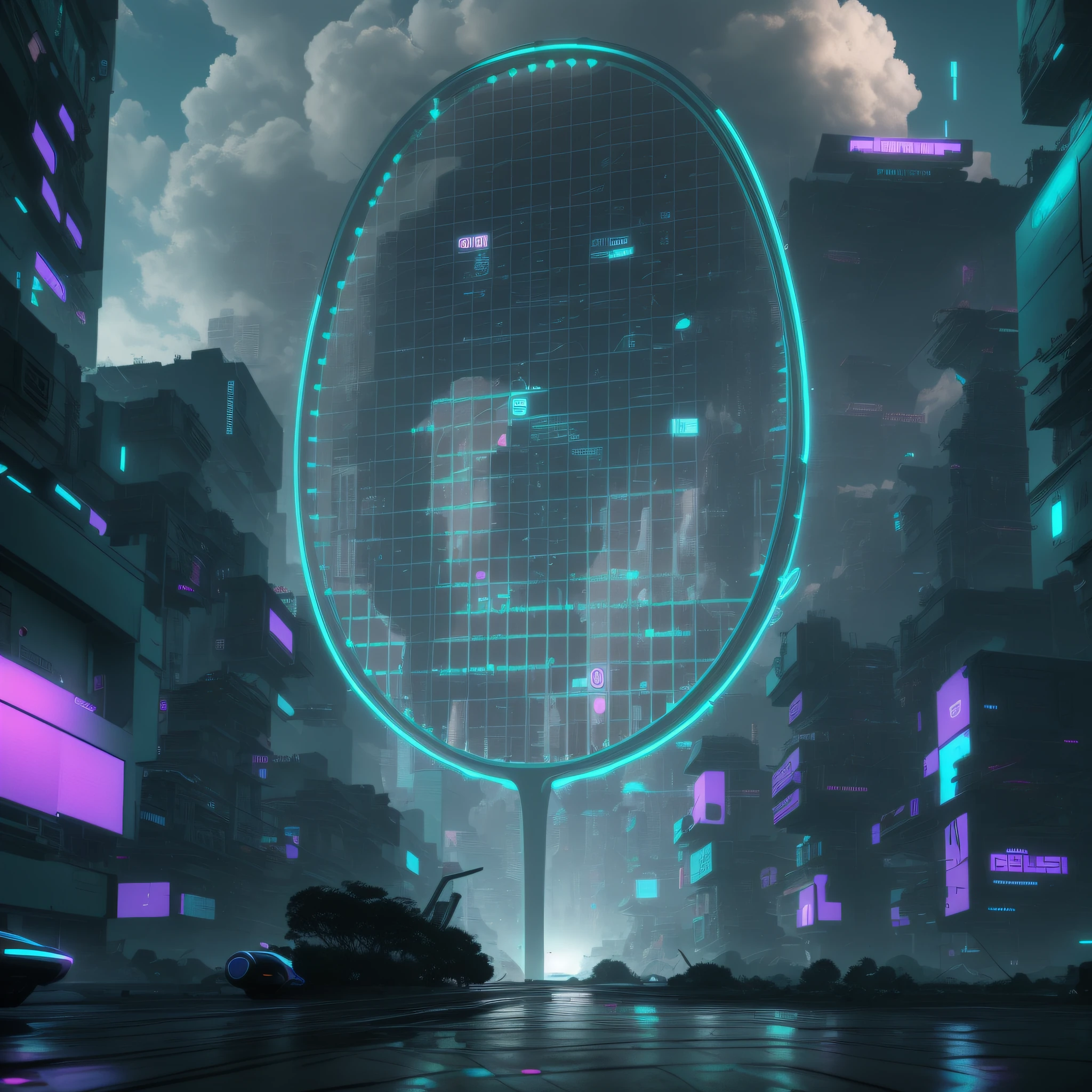 futuristic city with a giant tennis racket in the middle of the street, in style of beeple, cyberpunk art style, beeple masterpiece, beeple artwork, cyberpunk atmosphere, hyper-realistic cyberpunk style, beeple daily art, recusion beeple, cyberpunk dreamscape, cyberpunk aesthetic, beeple style, beeple |