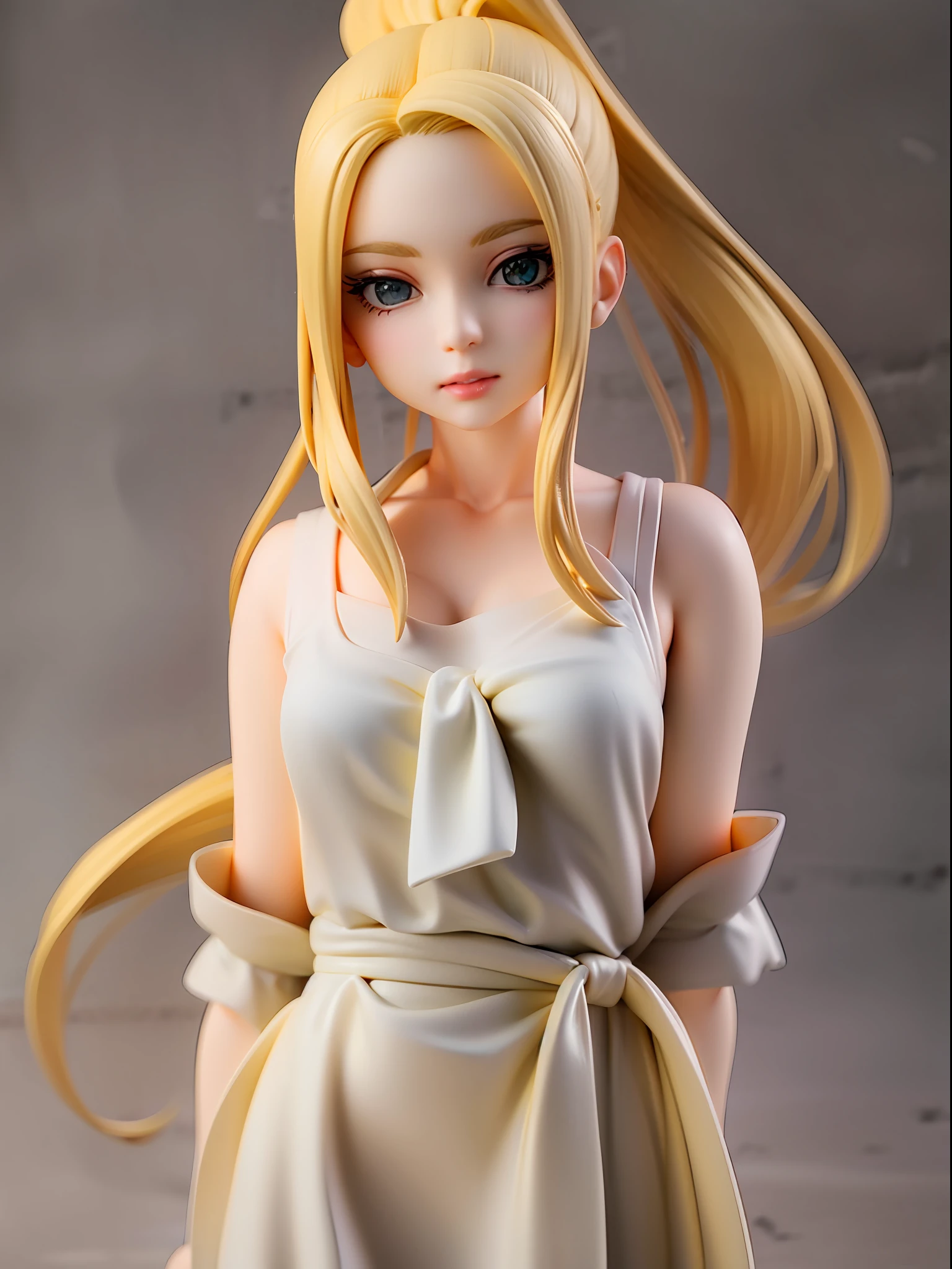1girl, blonde hair in high ponytail, strands of hair sweeping across the forehead, green eyes, pale skin, wearing a simple white shirt, blue ribbon tied around the waist, standing with a relaxed posture.