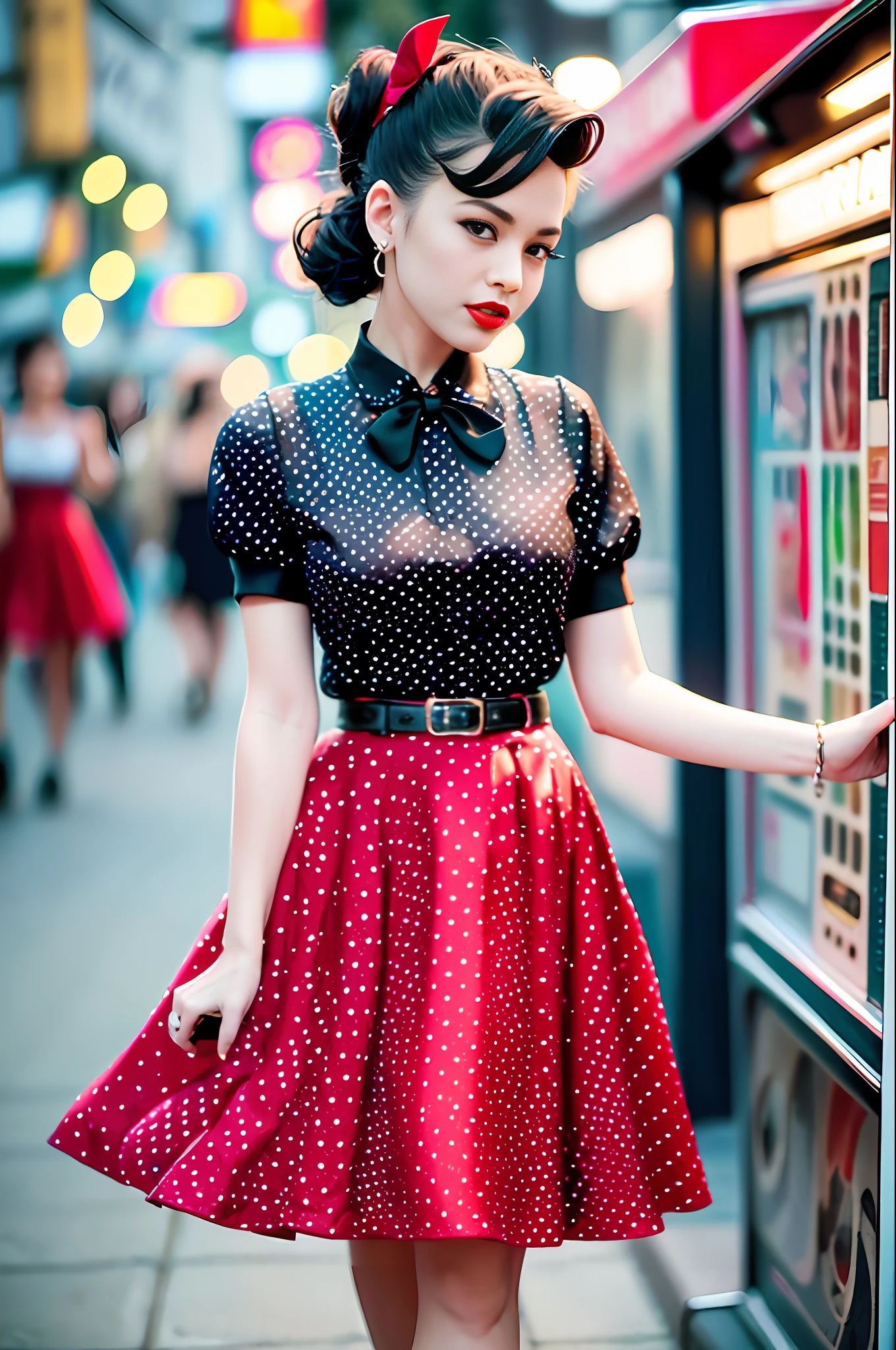 Rockabilly fashion, 50's American fashion, (masterpiece, top quality, highest quality, official art, beautiful and aesthetic: 1.2), (1 girl: 1.3), (rockabilly: 1.3), (18 years old Japan person: 1.2), rockabilly, white short sleeve blouse, (red polka dot circular skirt: 1.3), ponytail with large ribbon, bobby soxer, saddle shoes, smileDancing, Long Skirt, (Jukebox: 1.3), (Cadillac Beside: 1.3), Rock 'n' Roll