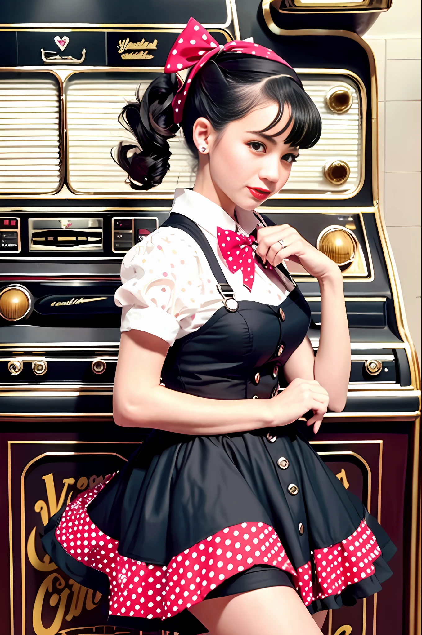 Rockabilly fashion, 50's American fashion, (masterpiece, top quality, highest quality, official art, beautiful and aesthetic: 1.2), (1 girl: 1.3), (rockabilly: 1.3), (18 years old Japan person: 1.2), rockabilly, white short sleeve blouse, (red polka dot circular skirt: 1.3), ponytail with large ribbon, bobby soxer, saddle shoes, smileDancing, Long Skirt, (Jukebox: 1.3), (Cadillac Beside: 1.3), Rock 'n' Roll