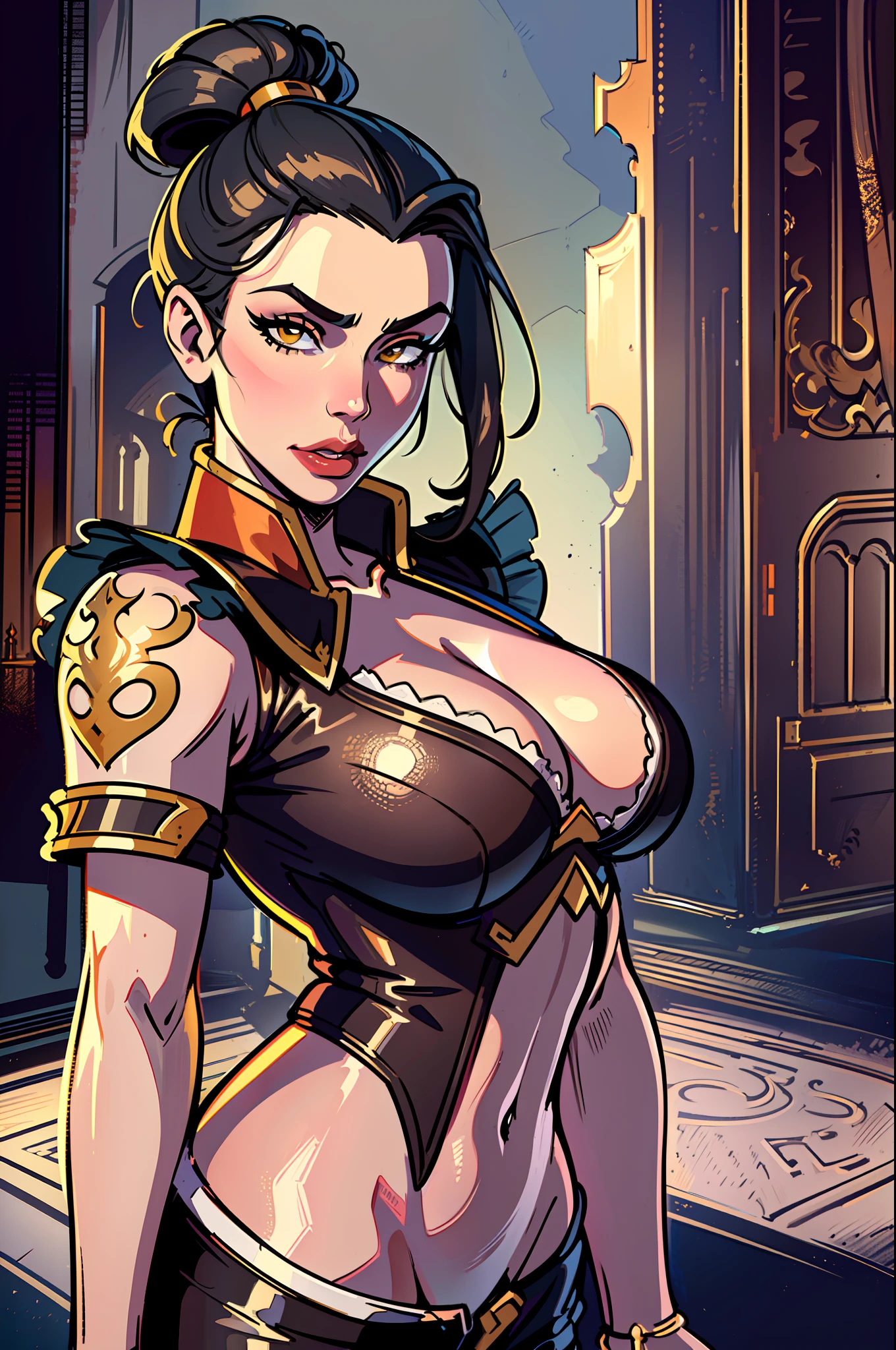 ultra-realistic 8k CG, masterpiece, ((ultra detailed background, fine drawing, intricate details, high detail, better quality fine details, hyper-detailed face)), (photorealistic: 1.4), beautiful lighting, absurdity, RAW photo, film grain, azula, 1girl, solo, black hair, brown eyes, makeup, lipstick, red lips, single hair bun, navel, side strands, hair decoration, ((medium breasts, slim girl)), ((décolleté,  white shirt, short shorts, black shorts)), ((complex detailed background, inside, dim lighting, moody lighting, inside the castle, inside, medieval castle environment))