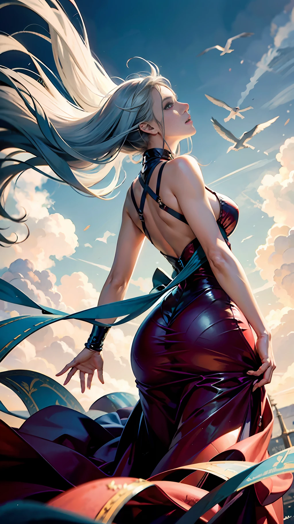 38 year old beauty, arms wide spread, high place, back figure pointing upwards, back figure, looking up at the heavens, wide open hands, red fantastic clothes, towards the sky, super detailed watercolor, fantastic background, wind is blowing from her front, beautiful long gray hair, very strong wind, beautiful, very detailed gray hair, back figure, super realism, insanely detailed, beautiful fingers, beautiful hands, sci-fi concept art,