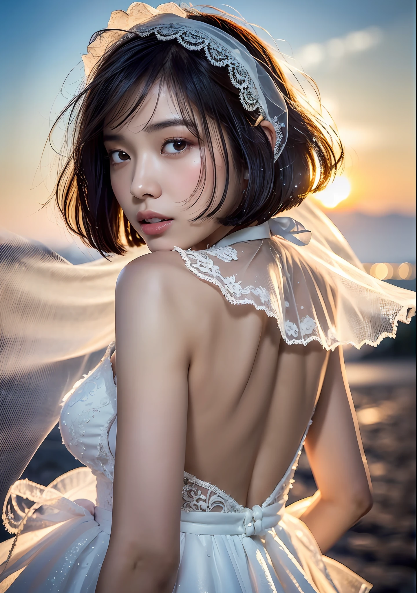 ((top quality, 8k, masterpiece: 1.3)), women (full body portrait, wearing white lace and ruffled wedding dress, veil hanging on the head, back figure, looking back, small buttocks), outside the church, background sunset sky, dazzling sunset, overhead camera, sharp focus: 1.2, cute woman: 1.4, ((black hair, bob cut)), highly detailed face and skin and hair texture, Wet textured hair, wet body, detailed eyes, double eyelids, white skin, beautiful legs, beautiful delicate nose, cute young Japan woman, 28 years old, with dynamic angles, featuring calm tones and contrasting mixes of light and shadow, while exuding melancholy emotions, while emphasizing the subject's hair, eyes, mouth and action, it is a pleasing and suggestive composition.