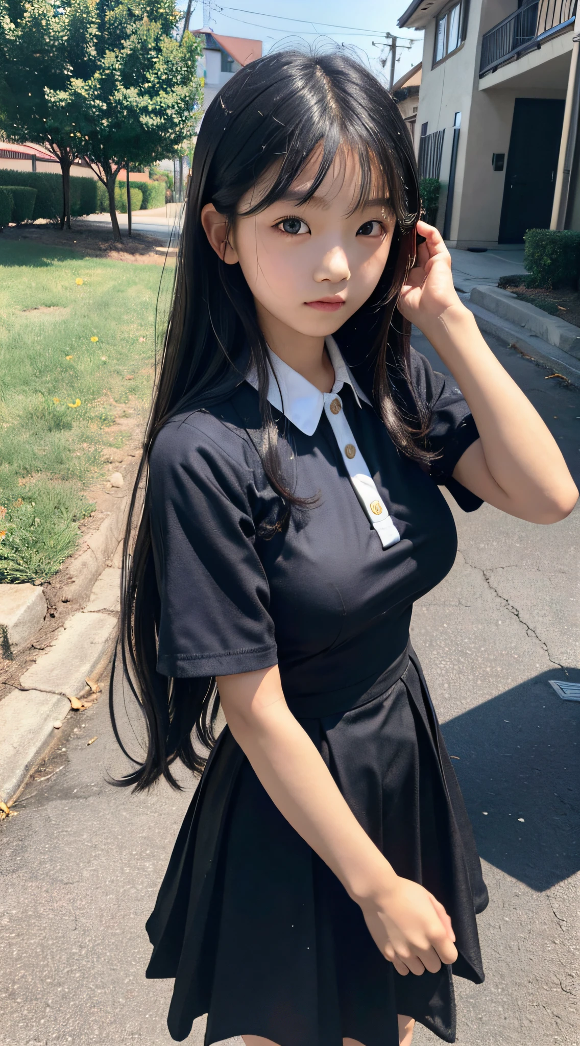 Master quality, highest quality, best picture quality, exaggerated details, a cute 8 year old asian little girl with a shy expression, slightly squinted eyes, adjusting her hair, long eyelashes (long hair / very, very exaggerated big breasts / in uniform) outdoors, posing in front of the camera