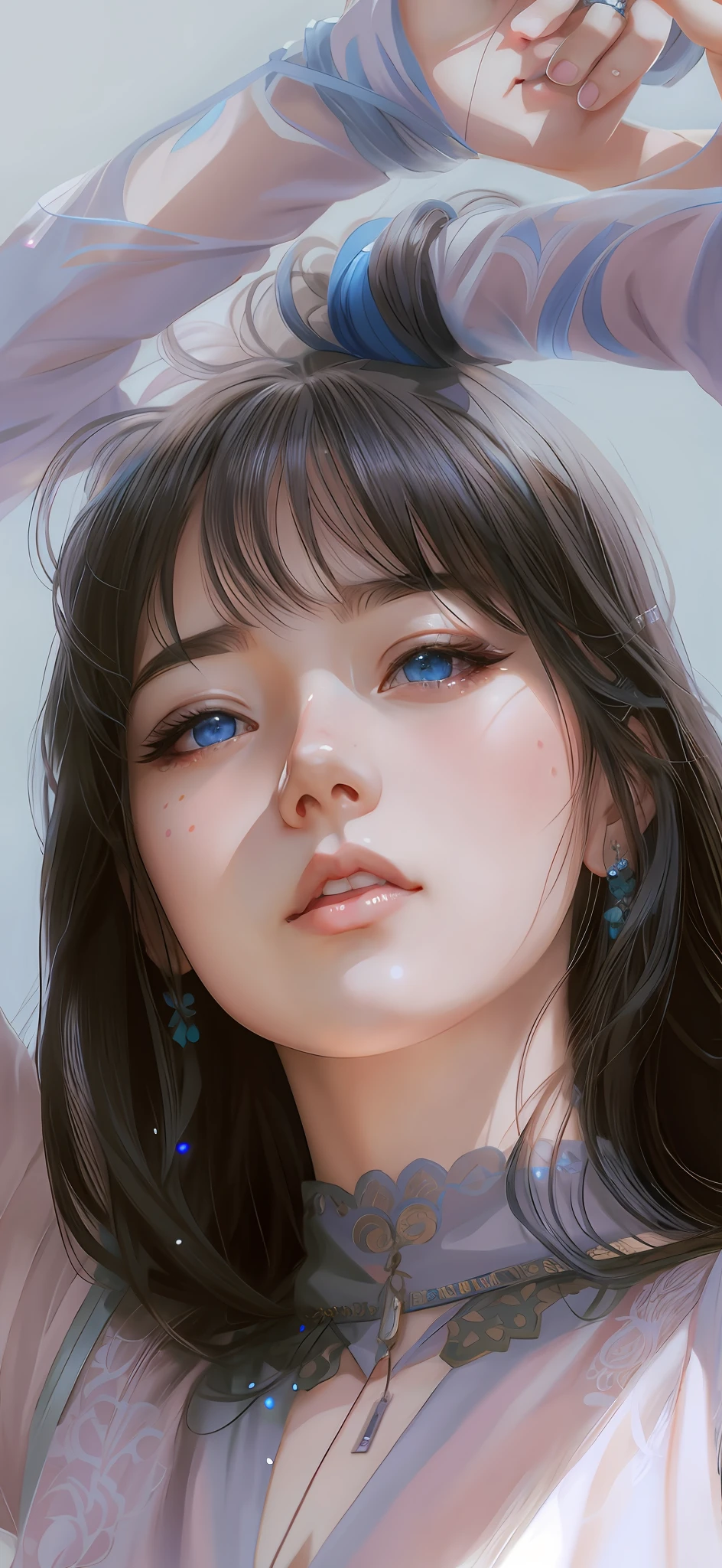 anime girl with blue eyes and long hair in a sheered top, kawaii realistic portrait, artwork in the style of guweiz, detailed beautiful portrait, detailed portrait of anime girl, realistic cute girl painting, beautiful digital illustration, realistic digital illustration, stunning anime face portrait, beautiful realistic face, rossdraws portrait, realistic beautiful face, realistic digital painting, detailed digital painting,anime girl with blue eyes and long hair in a sheered top, kawaii realistic portrait, artwork in the style of guweiz, detailed beautiful portrait, detailed portrait of anime girl, realistic cute girl painting, beautiful digital illustration, realistic digital illustration, stunning anime face portrait, beautiful realistic face, rossdraws portrait, realistic beautiful face, realistic digital painting, detailed digital painting, right hand is behind the head, left hand is raised,(hyperrealistic), (illustration), (high resolution), (8K), (extremely detailed), (best illustration), (beautiful detailed eyes), (best quality), (ultra-detailed), (masterpiece), (wallpaper), (detailed face), solo 1 girl, white wavy hair, korean, heterochromic eyes, small moles under the eyes,Right hand is behind the head, left hand is raised,