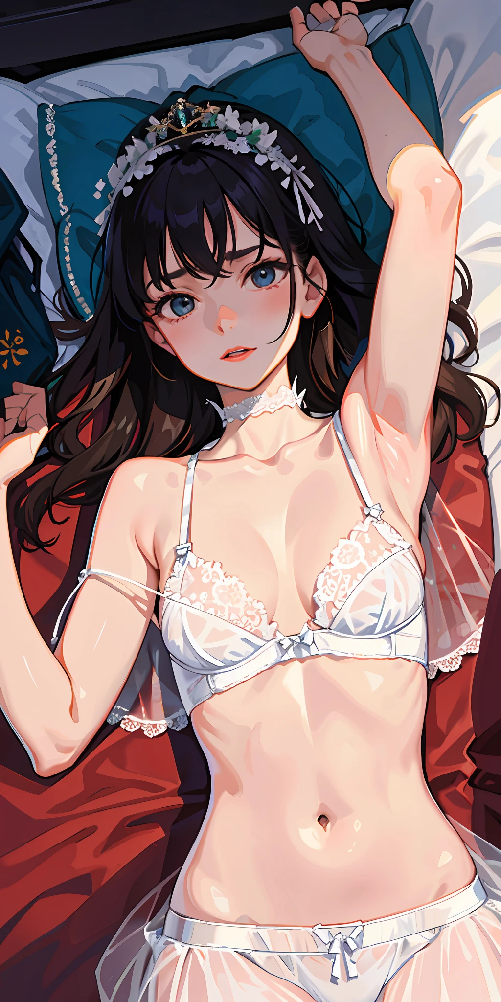 masterpiece, top quality, high resolution, solo, small, indoor, see-through, misaligned bra, side tie t-back, lying down, from above, open arms, anger, bed, pijama , rough breath, sexual expression