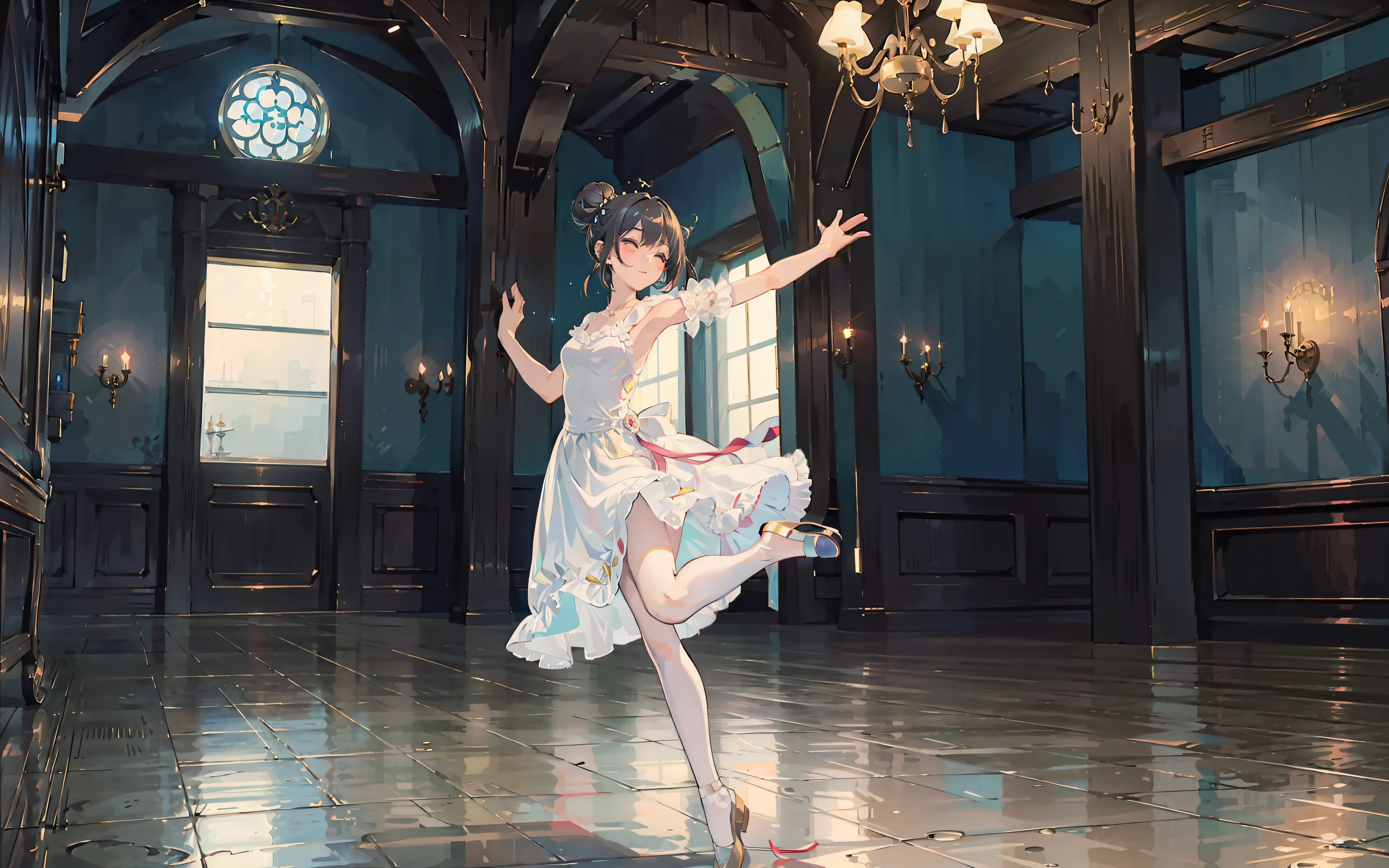 (ballerina, ballet slippers, ballet, solo, skates, pantyhose, dress, dancing),(opera house:1.3),(1girl, ballerina, tutu, ballet, ballet slippers, solo, black hair, hair bun, dancing, single hair bun, closed eyes, dress, jewelry, earrings, bare shoulders, standing),(ballerina, ballet, ballet slippers,solo, dress,) (black hair, window, hair bun, single hair bun, dancing, see-through, indoors, tree, white dress,)(full body:1.3, solo focus,),(The girl was controlled by a demon's thug, like a puppet, with huge claws protruding from above, surrounded by scattered stage ruins. The girl seemed to be performing without an audience, dancing slowly with the shimmering rhythm.),Unreal Engine, Realistic, Detailed Rendering, Volumetric Lighting, Octane Rendering, Focus, Tyndall Effect, HD, Photography Style, Masterpiece, Perfect Work, Masterpiece, Award-winning work,intricately detailed,(Characters only occupy one tenth of the screen),(scenery, indoors, (reflective floor:1.5), chandelier, window, reflection, , (stained glass:1.3), architecture, (statue:1.2)),best quality, super detailed, masterpiece, illustration, (clear background), (detailed light), lighting, (wide-angle viewing angle: 2, ),(lam_style, colorful_hair),((masterpiece)), (realistic), (3d face:1.2), (solo:1.2), (original), (very detailed wallpaper), photographic reality, very detailed illustrations, (super intricate details), perfect detail Features, Perfect Detail, (Super Intricate Detail), Panorama,, (Cybernetically Enhanced), (Glowing Eyes), (Snow: 1.2), (Otherworldly: 1.5), (Candlelight: 1.2),, (Wood structure:1.2), (smooth:1.2), (night:1.2), (mystery:1.2), (hover:1.2), (float:1.2), (hover:1.2), (torii:1.2), ( Surreal: 1.2), (Fantasy: 1.2), (Radiation: 1.2), (Sparkle: 1.2), (Blink: 1.2), (Glow: 1.2), (Glow Pattern: 1.2), pureerosface_v1