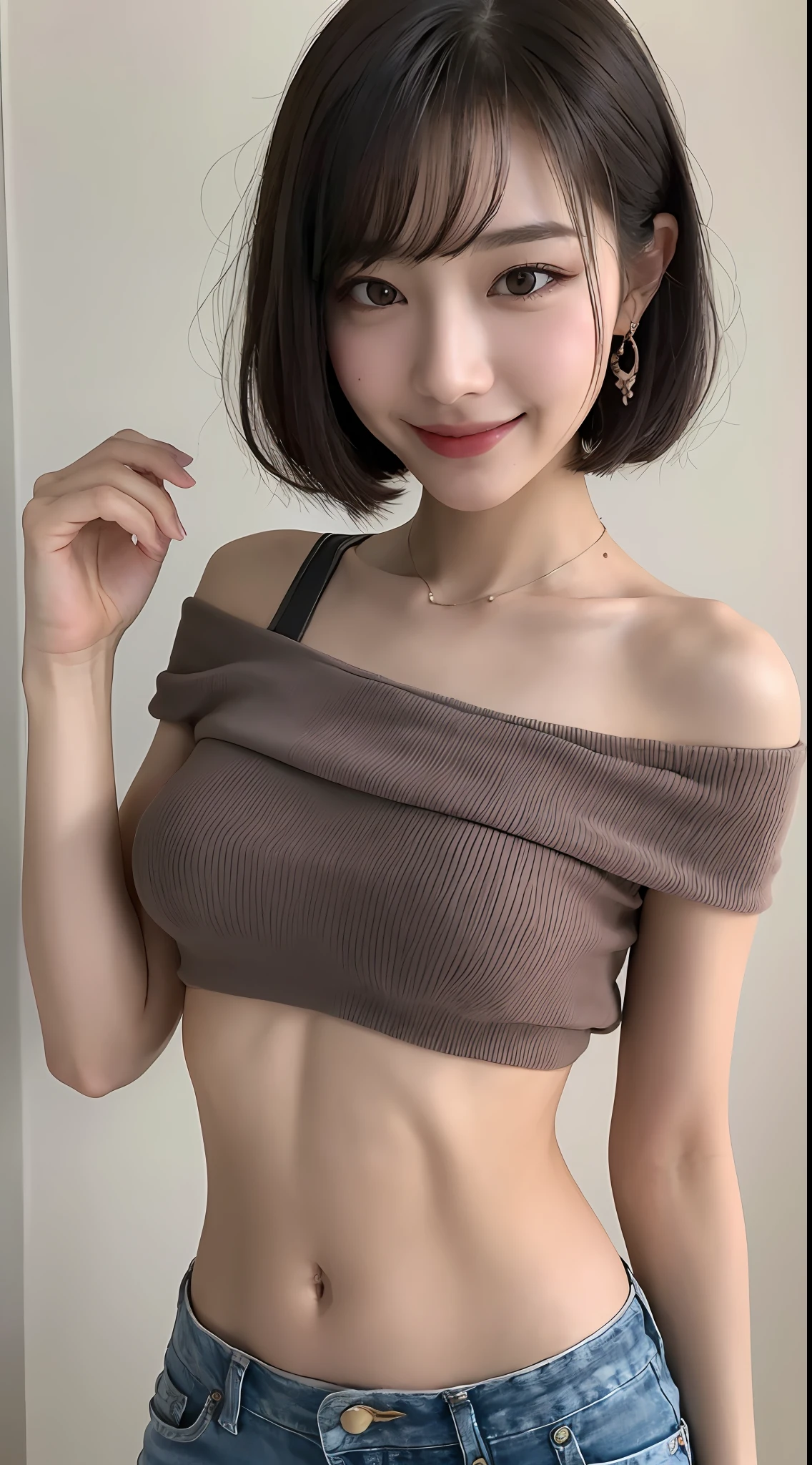 ((Day, Real Light, Top Quality, 8K, Masterpiece: 1.3)), 1 girl, slender beautiful girl: 1.4, abs 3.0, buttocks 1.5, (short hair, small breasts 4.0), shorts: 1.2, off-shoulder, white studio, ultra-detailed face, ultra-detailed eyes, double eyelids, eyeliner, bangs free, navel, piercing, smile,