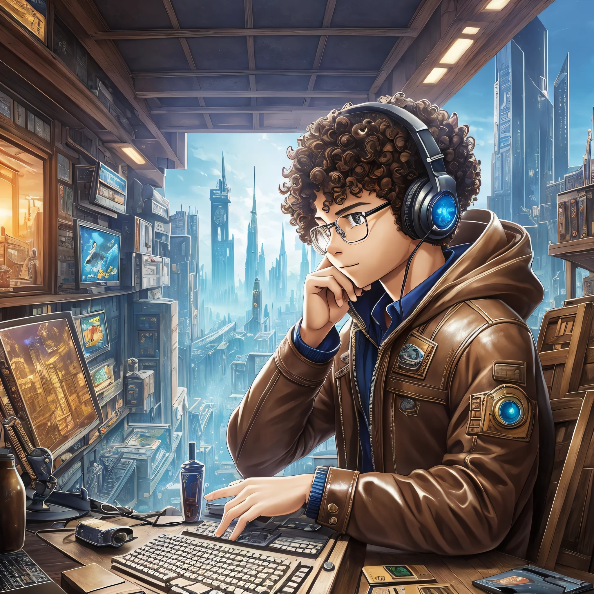 masterpiece, best illustration, solo, 1 boy 11 years old african light brown skin brown eyes with glasses sitting, very short curly hair, keyboard \(computer\), leather trim, computer, monitor, hood, jacket, hood down, chair, headphones, city, instrument, cyberpunk, \(\(intricate details\)\),colorful details,iridescent colors BREAK,\(\(best quality masterpiece\)\),4k,ultra detailed,detailed lighting,\ (\(inspired by Hayao Miyazaki\)\),official art,promotional art,composition, --auto --s2