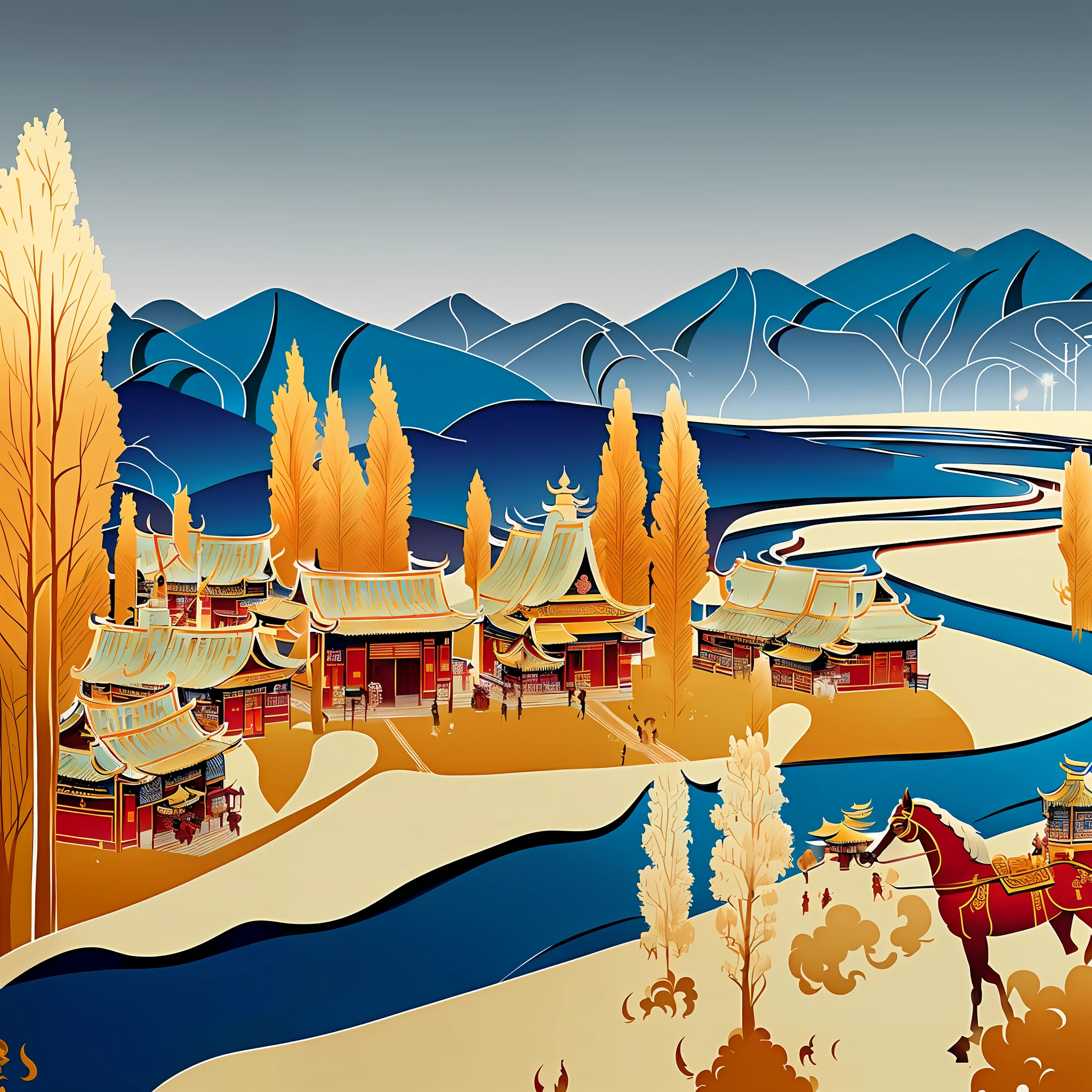 there is a picture of a painting of a horse drawn carriage, laurent durieux, chinese village, artwork in style of sheng lam, inspired by Cui Zizhong, inspired by Huang Binhong, sci - fi mongolian village, inspired by Xu Beihong, japanese village, inspired by Gu Hongzhong, old asian village, scenery artwork