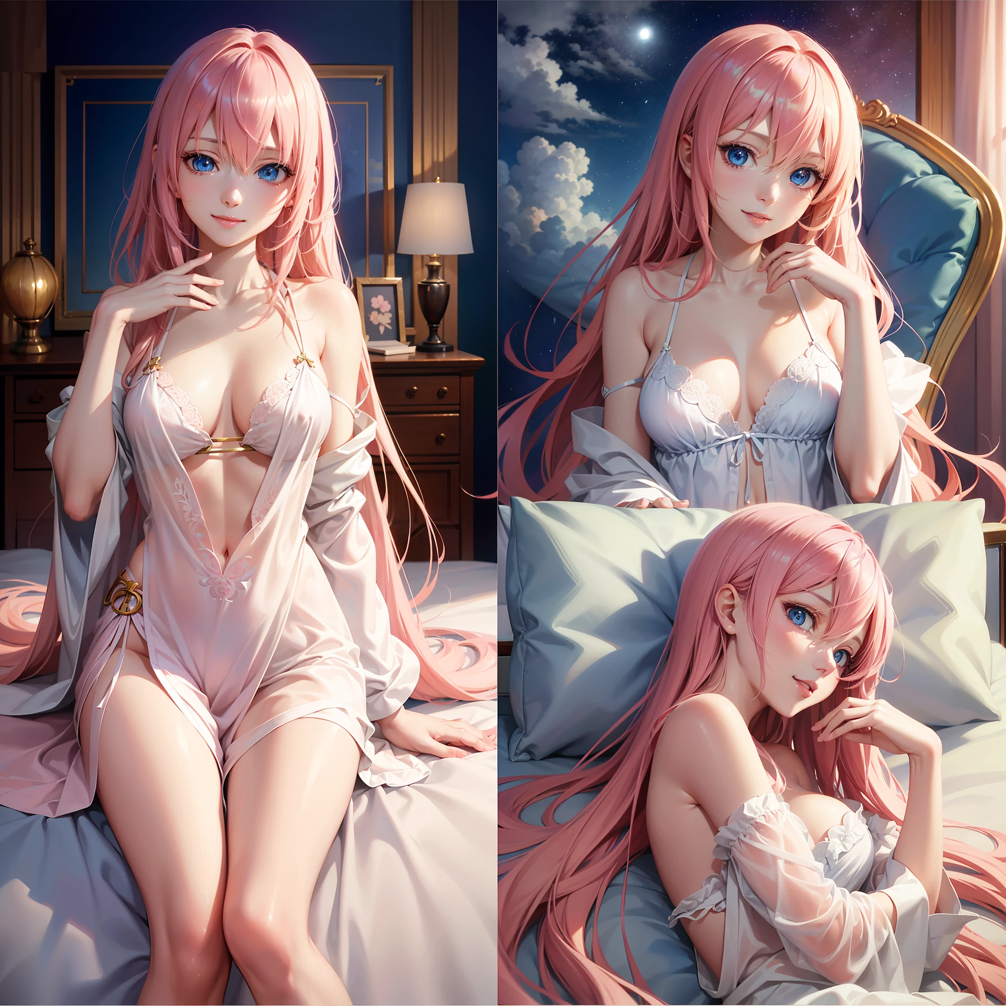 pale tones, photorealistic, beautiful attractive anime girl, super detailed, smile, beautiful blue eyes, beautiful style, megurine luka, pink hair, slender, gentle look, slender, (seductive anime girl), full body, beautiful skin, on bed, fluffy nightgown, (face down),