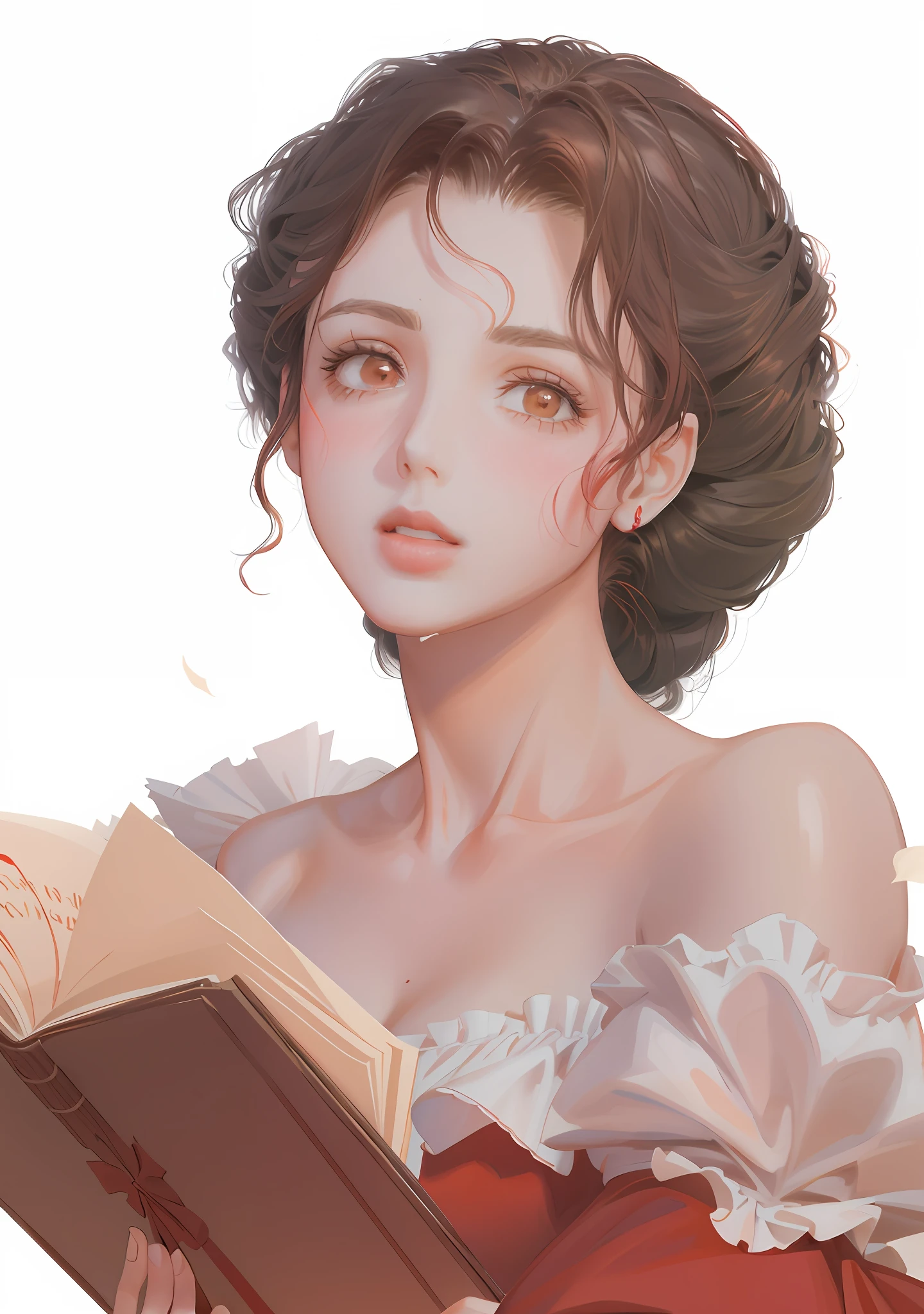 (8k, RAW photo, best quality, masterpiece: 1.2), (red bow hair ornament), more details, ultra clear, red bow, delicate facial features, leaky shoulder red dress, Lolita, red bow on the head, sunlight, glowing hair, fluttering hair, book in hand, puff sleeves, bright eyes, natural light