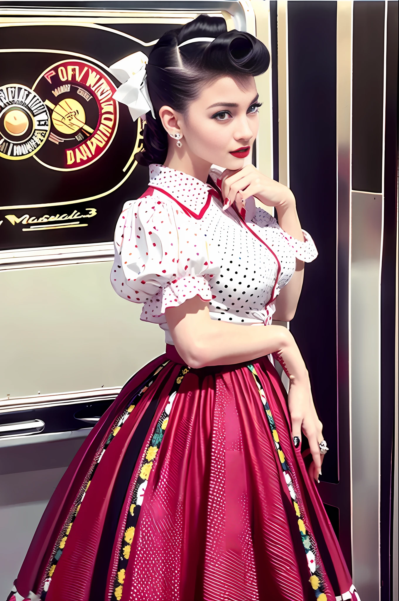 Rockabilly fashion, 50's American fashion, (masterpiece, top quality, highest quality, official art, beautiful and aesthetic: 1.2), (1 girl: 1.3), (rockabilly: 1.3), (18 years old Japan person: 1.2), rockabilly, white short sleeve blouse, (red polka dot circular skirt: 1.3), ponytail with large ribbon, bobby soxer, saddle shoes, smileDancing, Long Skirt, (Jukebox: 1.3), (Cadillac Beside: 1.3), Rock 'n' Roll